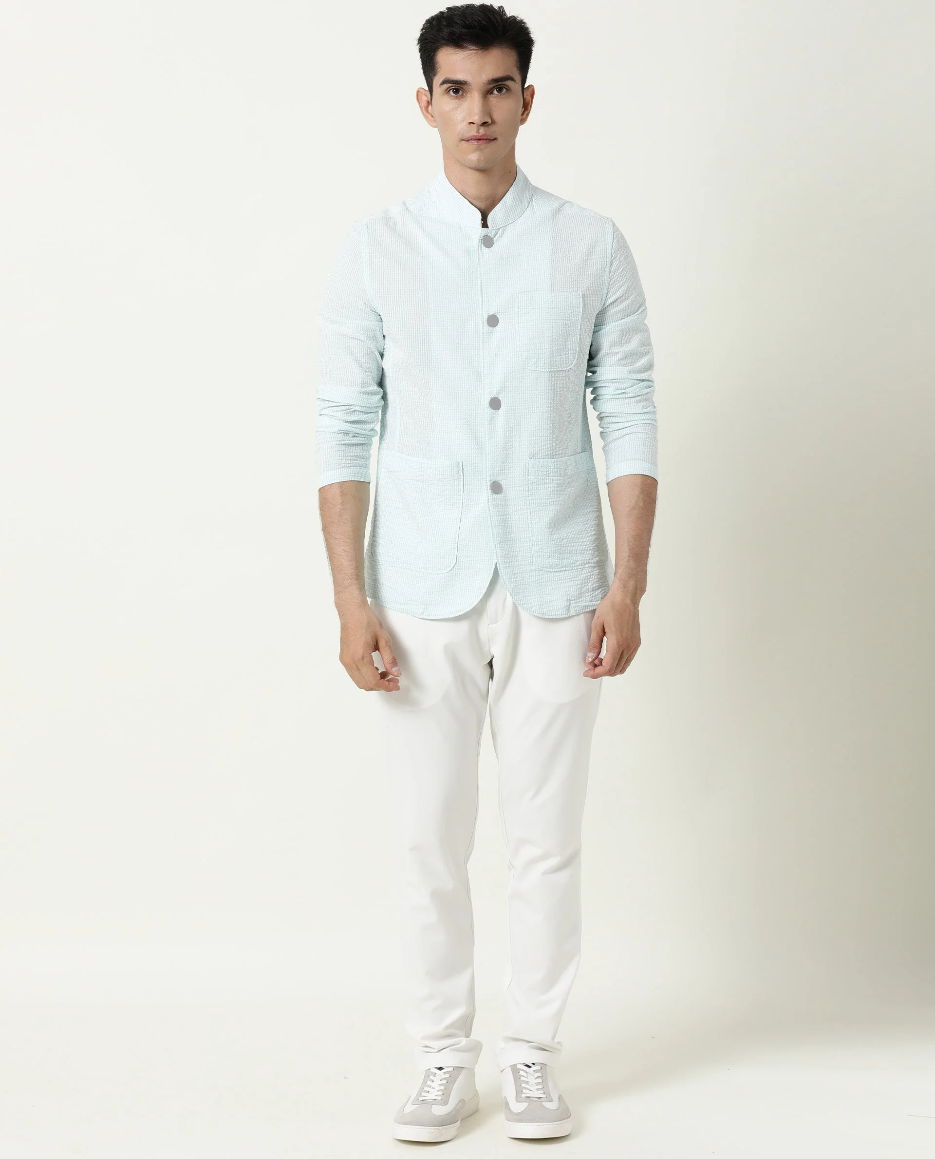 Rare Rabbit Men's Gin Blue Cotton Checked Print Regular Fit Full Sleeve Mandarin Collar Jacket - Image 6