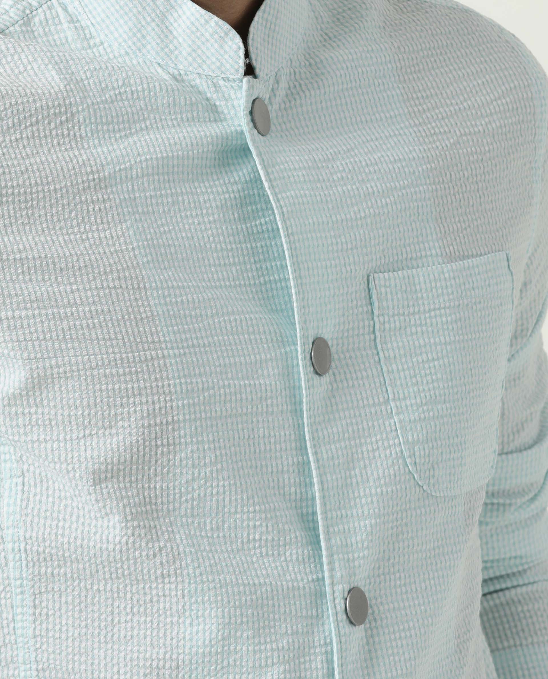 Rare Rabbit Men's Gin Blue Cotton Checked Print Regular Fit Full Sleeve Mandarin Collar Jacket - Image 7