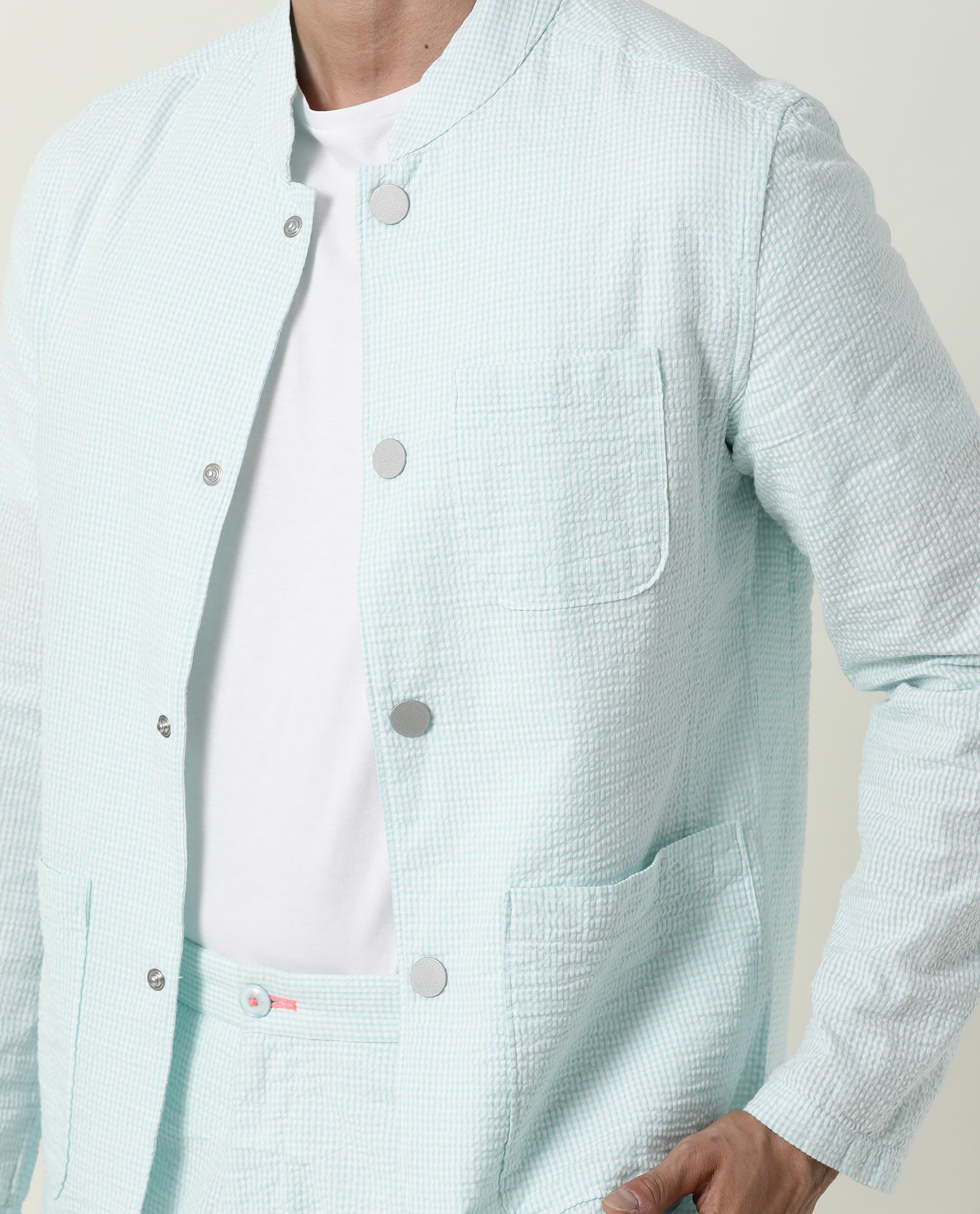 Rare Rabbit Men's Gin Blue Cotton Checked Print Regular Fit Full Sleeve Mandarin Collar Jacket - Image 8