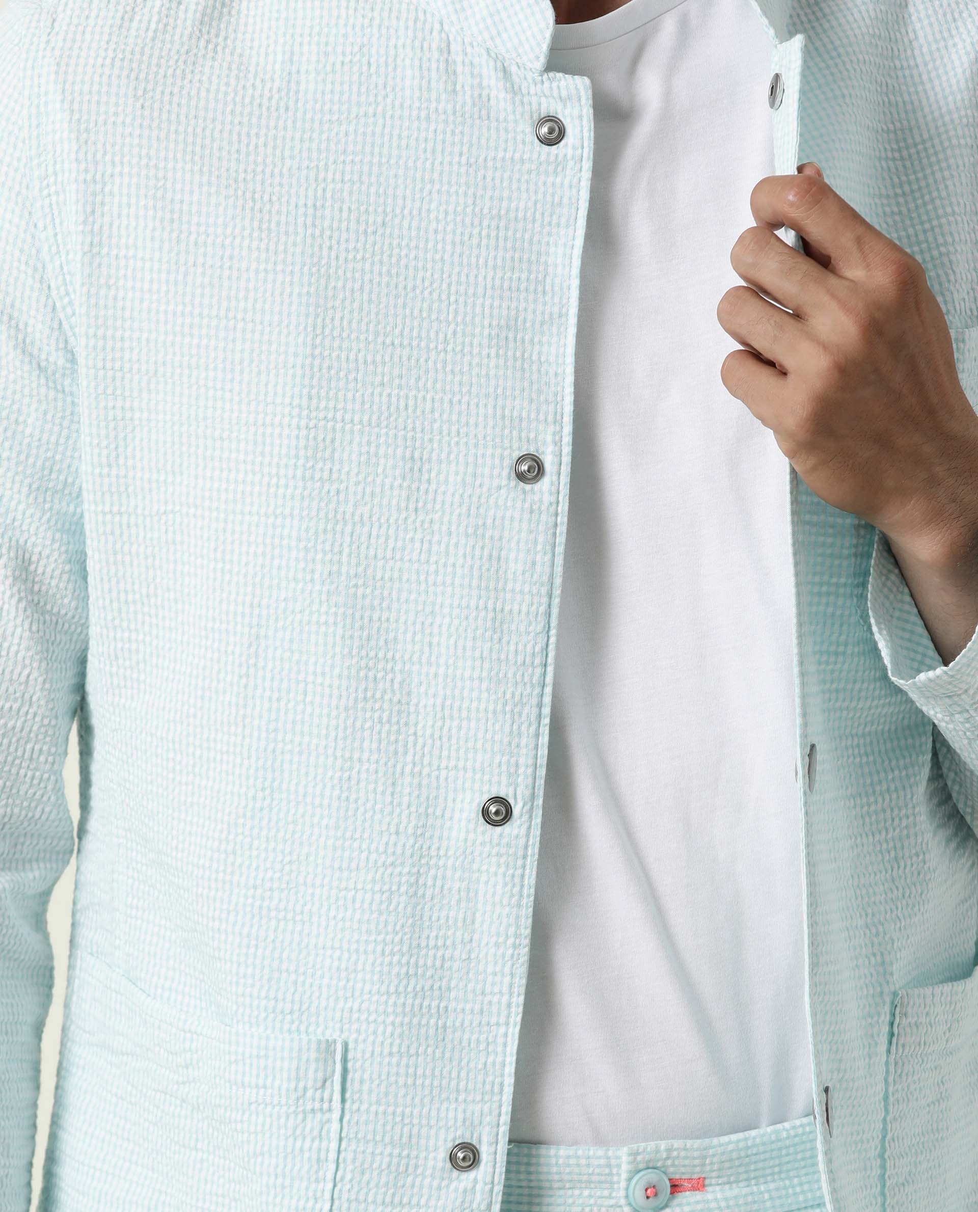 Rare Rabbit Men's Gin Blue Cotton Checked Print Regular Fit Full Sleeve Mandarin Collar Jacket - Image 9