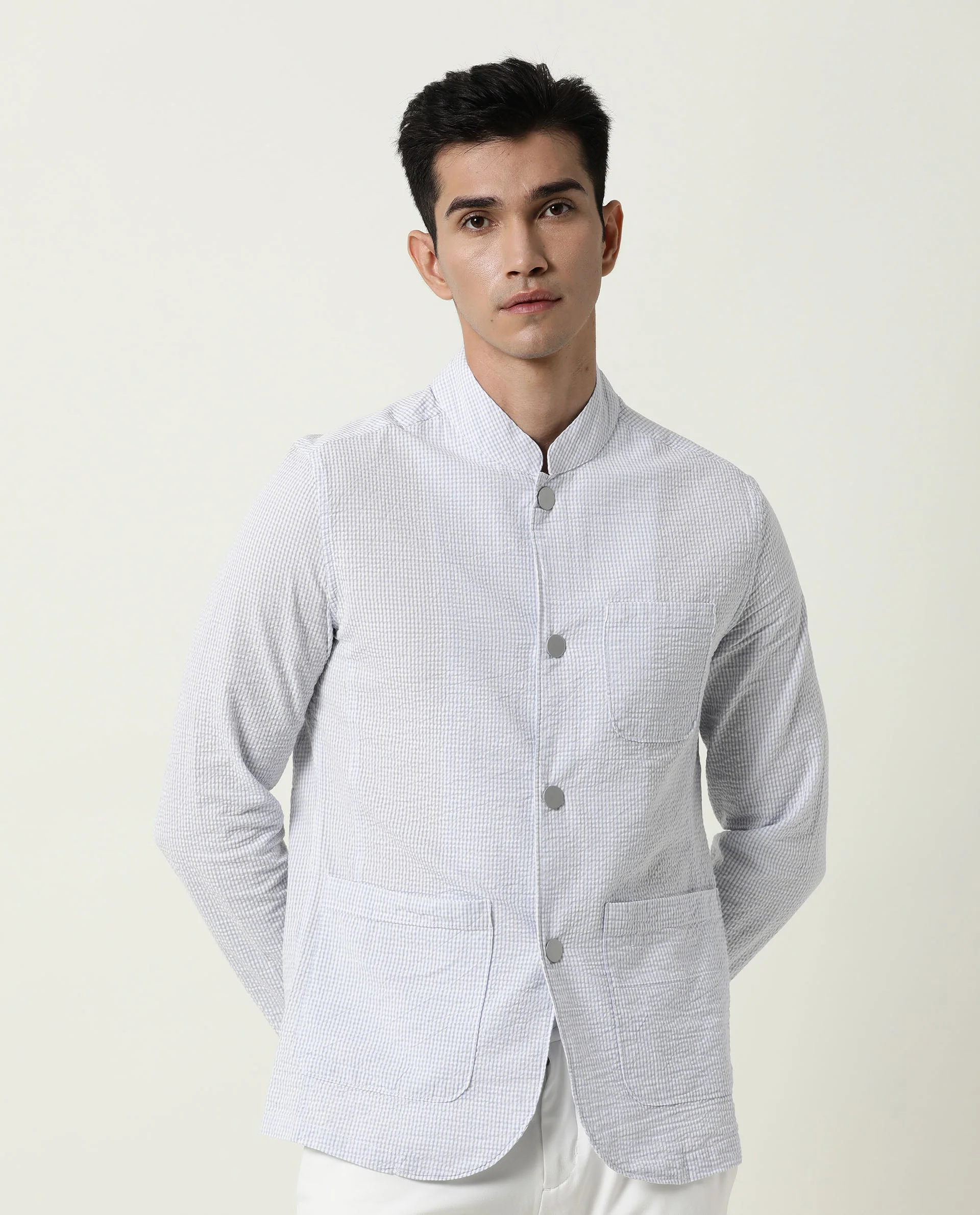 Rare Rabbit Men's Gin Purple Cotton Checked Print Regular Fit Full Sleeve Mandarin Collar Jacket