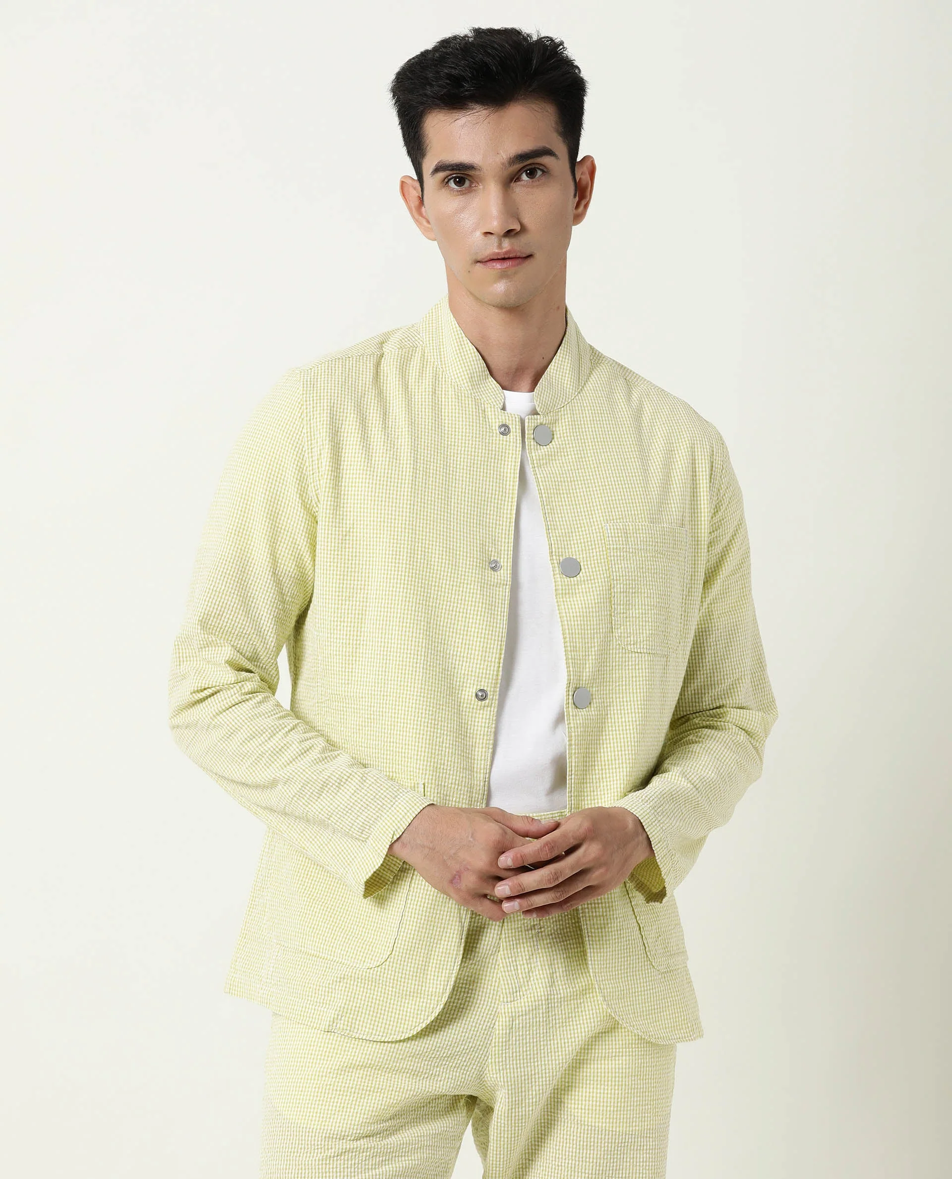 Rare Rabbit Men's Gin Olive Cotton Checked Print Regular Fit Full Sleeve Mandarin Collar Jacket