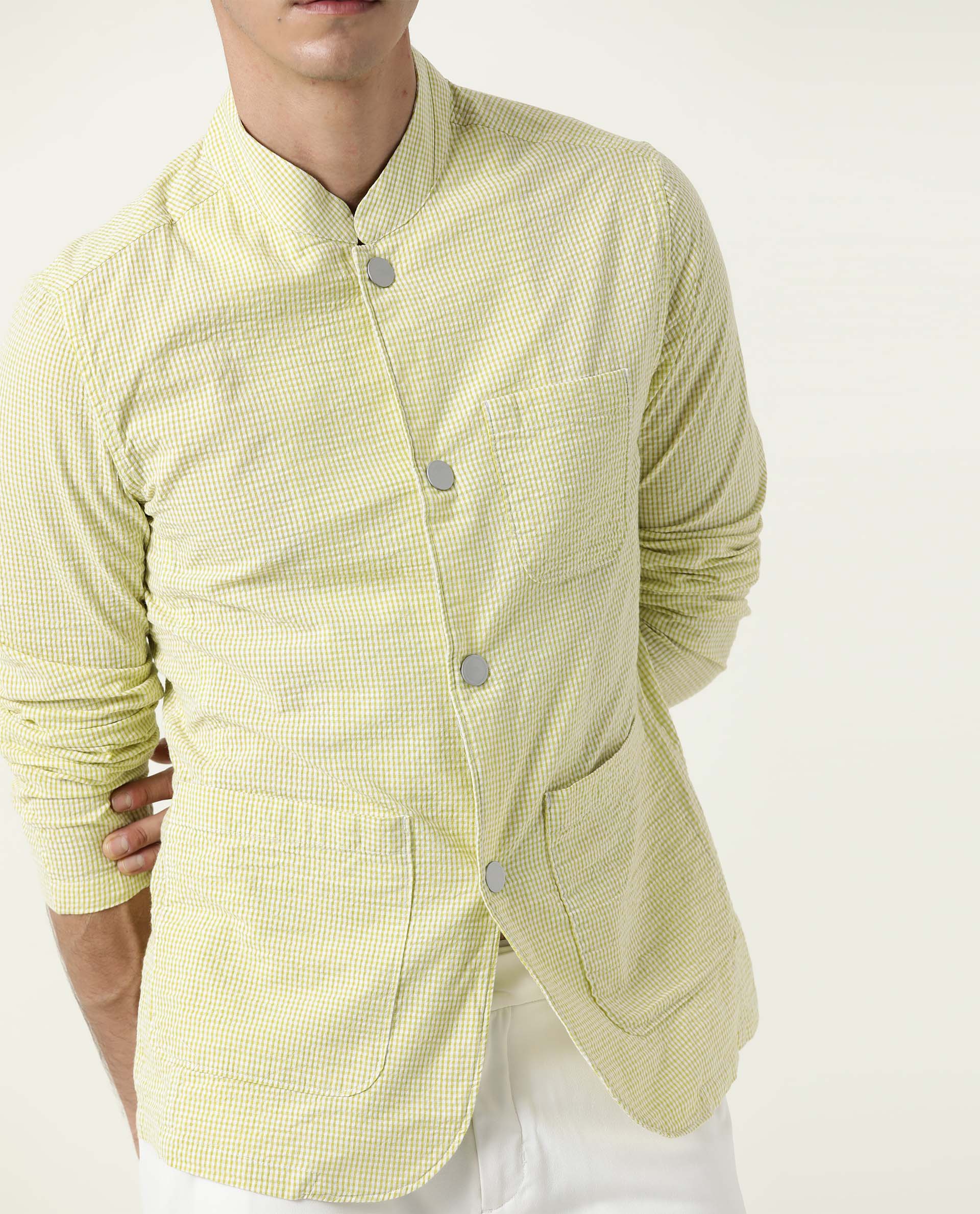 Rare Rabbit Men's Gin Olive Cotton Checked Print Regular Fit Full Sleeve Mandarin Collar Jacket - Image 3