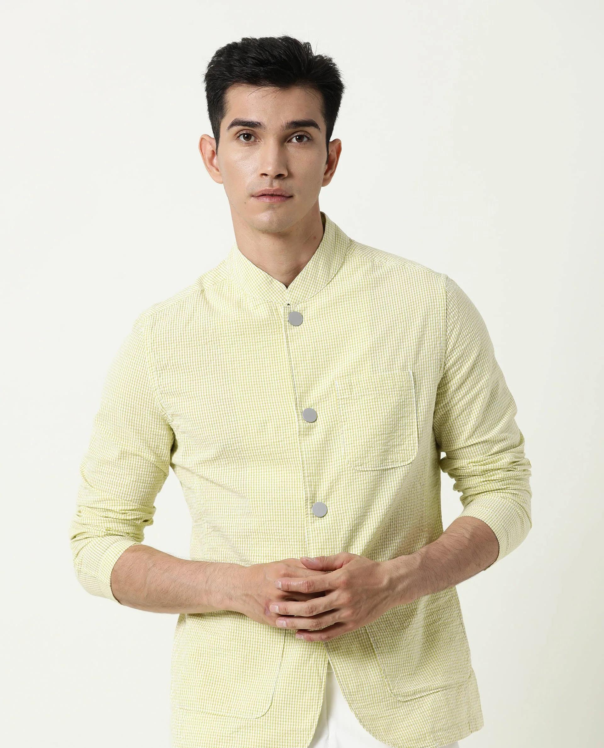 Rare Rabbit Men's Gin Olive Cotton Checked Print Regular Fit Full Sleeve Mandarin Collar Jacket - Image 4