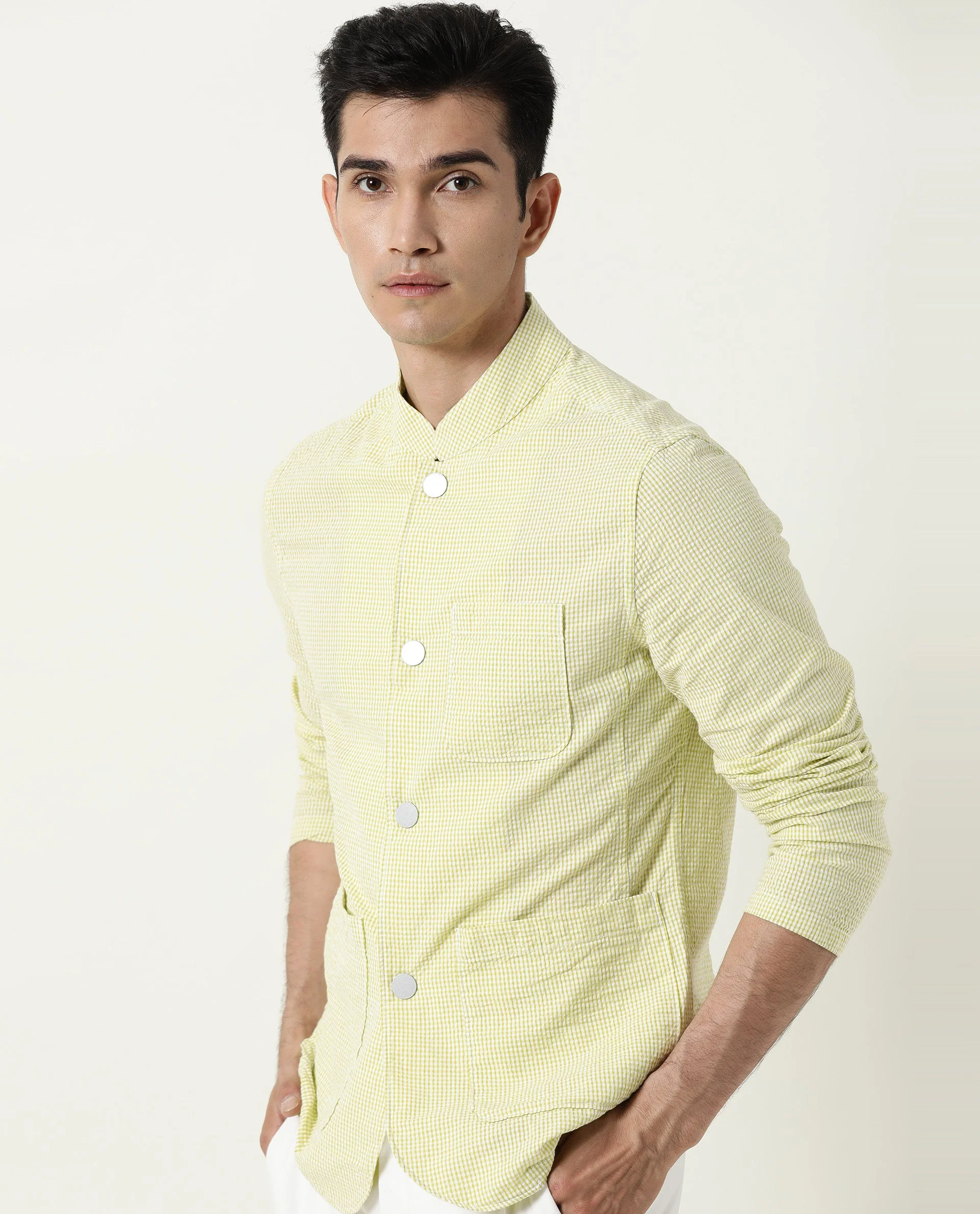 Rare Rabbit Men's Gin Olive Cotton Checked Print Regular Fit Full Sleeve Mandarin Collar Jacket - Image 5