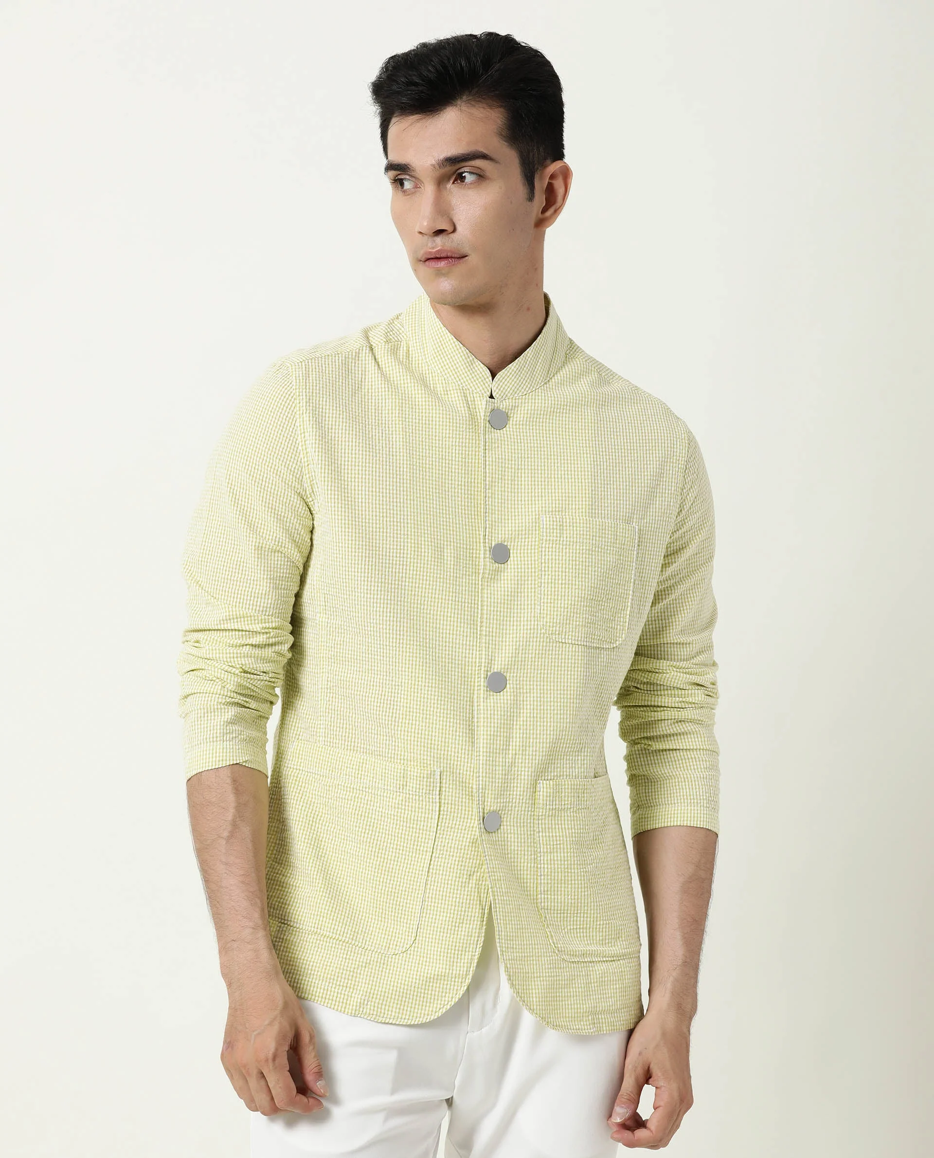 Rare Rabbit Men's Gin Olive Cotton Checked Print Regular Fit Full Sleeve Mandarin Collar Jacket - Image 9
