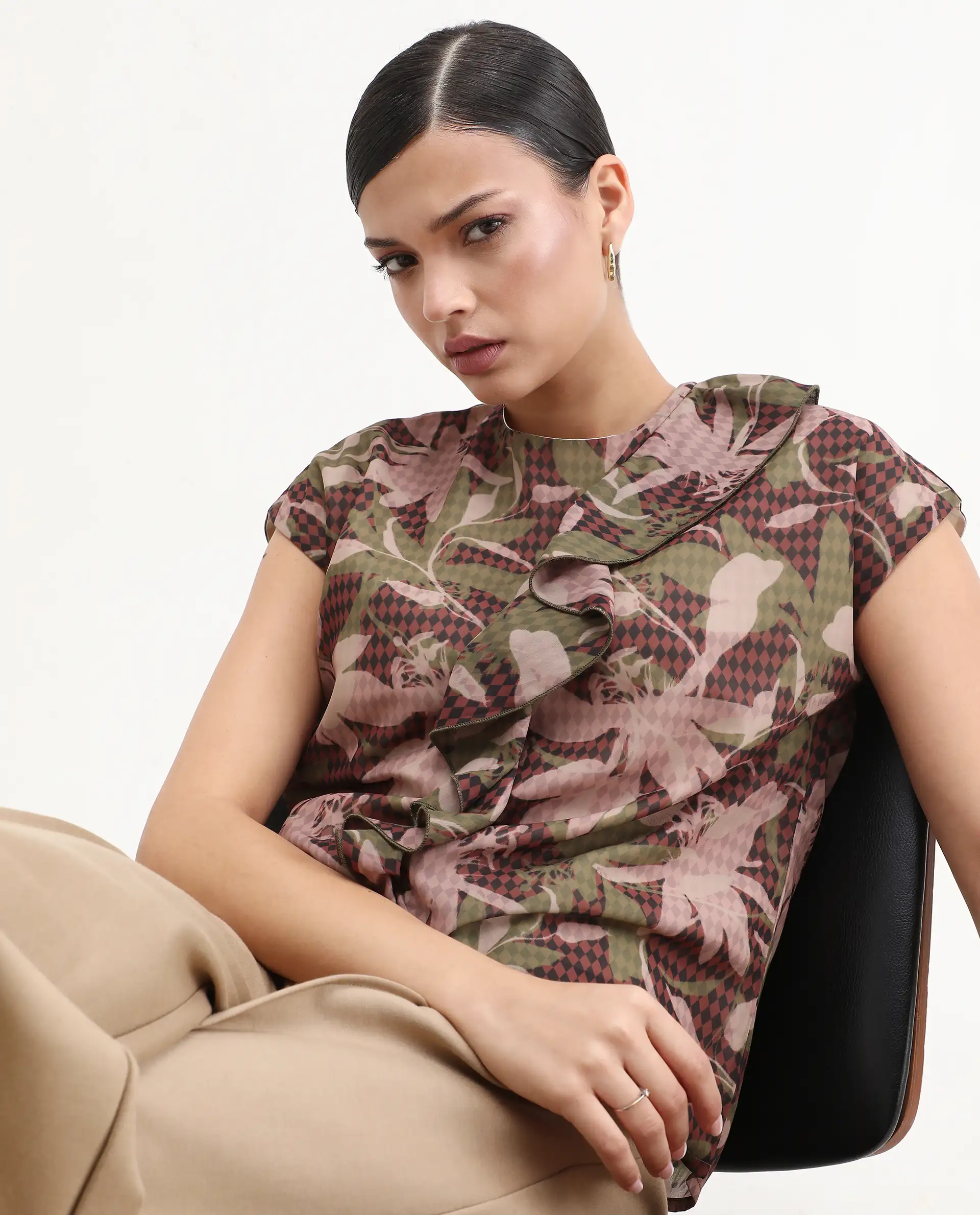 Rareism Women's Ginga Multi Polyester Crew Neck Leaf Print Extended Sleeves Regular Fit Top - Image 4