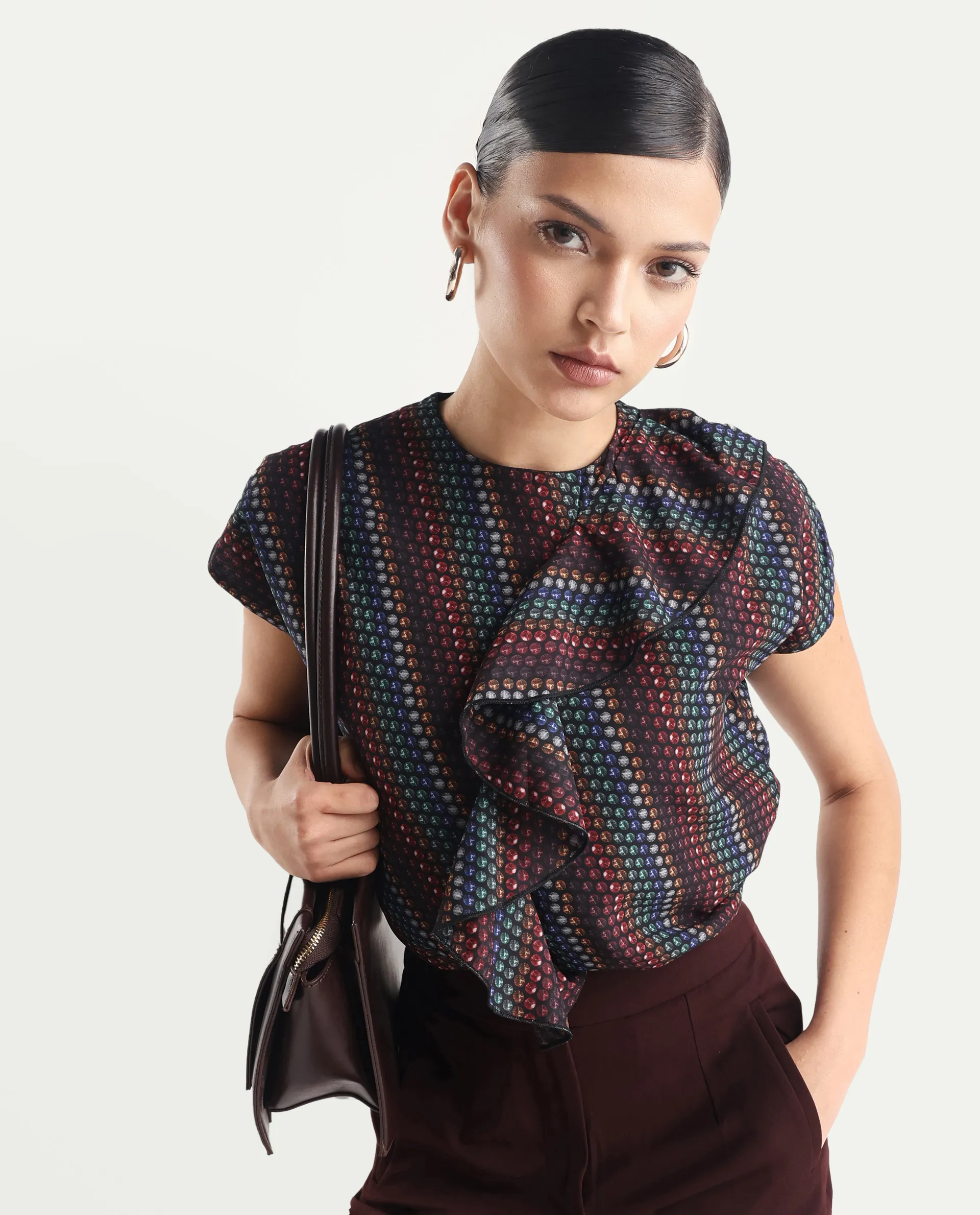 Rareism Women's Gingan Dark Multi Polyester Crew Neck Geometric Print Extended Sleeves Regular Fit Top