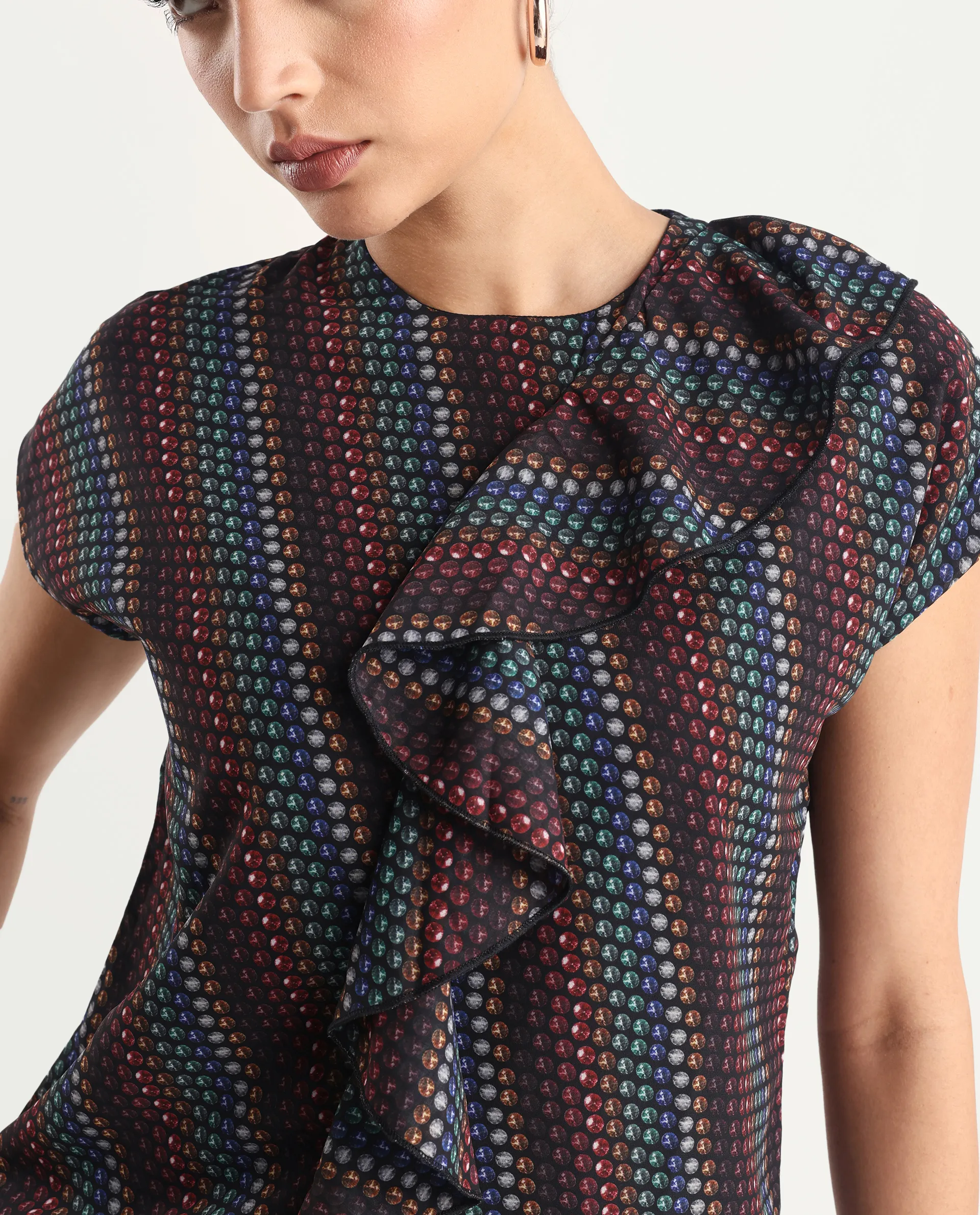 Rareism Women's Gingan Dark Multi Polyester Crew Neck Geometric Print Extended Sleeves Regular Fit Top - Image 3