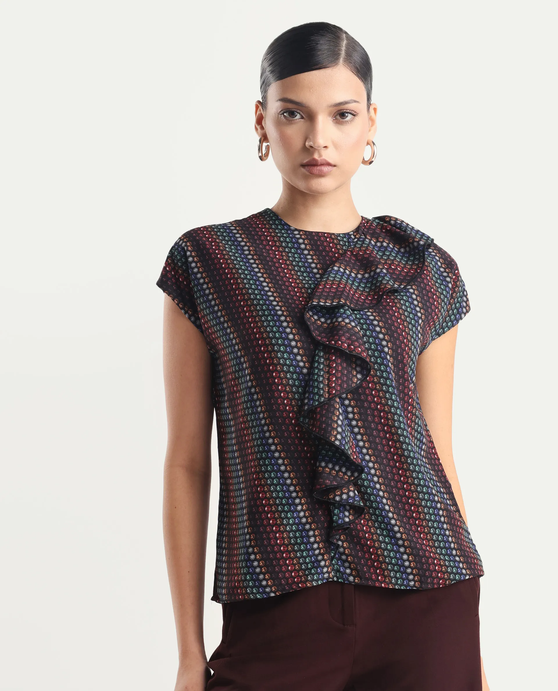 Rareism Women's Gingan Dark Multi Polyester Crew Neck Geometric Print Extended Sleeves Regular Fit Top - Image 4