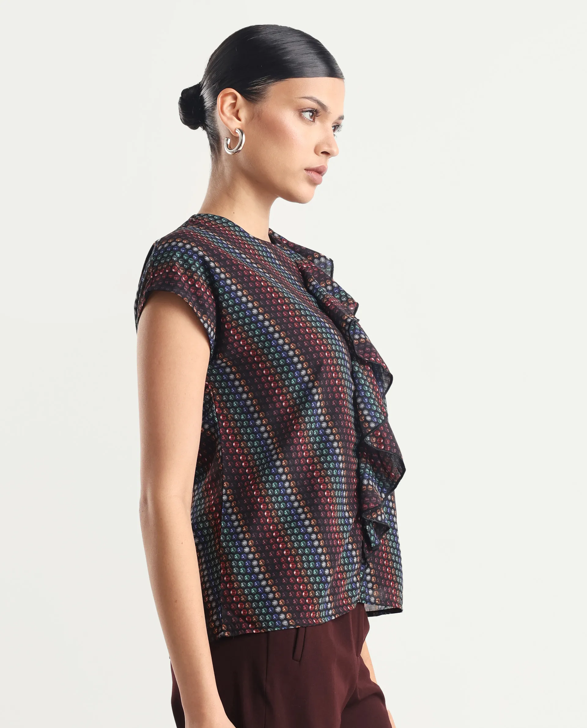 Rareism Women's Gingan Dark Multi Polyester Crew Neck Geometric Print Extended Sleeves Regular Fit Top - Image 5