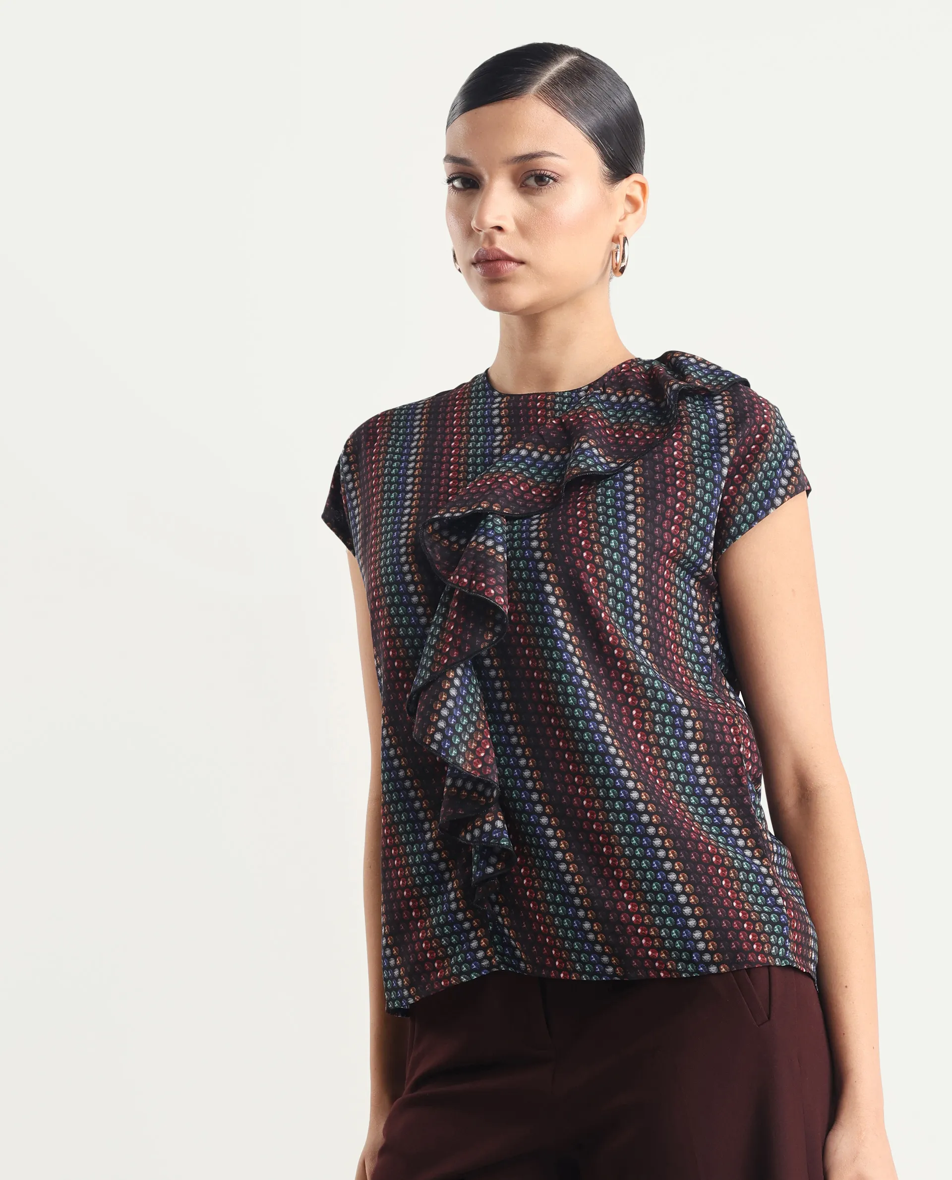 Rareism Women's Gingan Dark Multi Polyester Crew Neck Geometric Print Extended Sleeves Regular Fit Top - Image 6