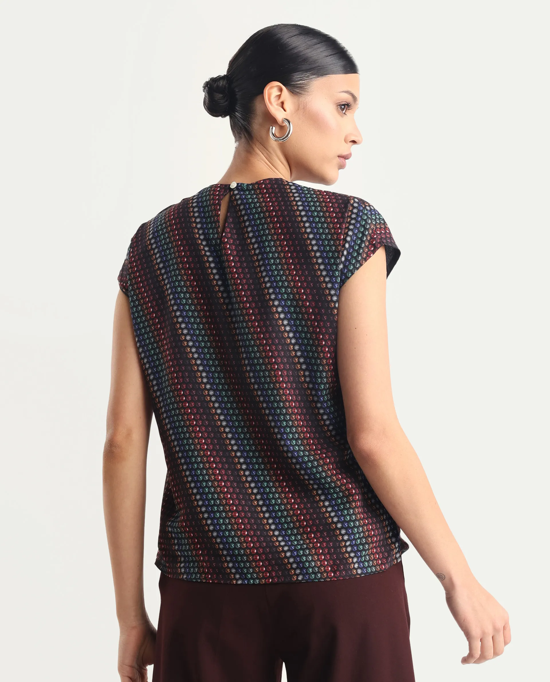 Rareism Women's Gingan Dark Multi Polyester Crew Neck Geometric Print Extended Sleeves Regular Fit Top - Image 7