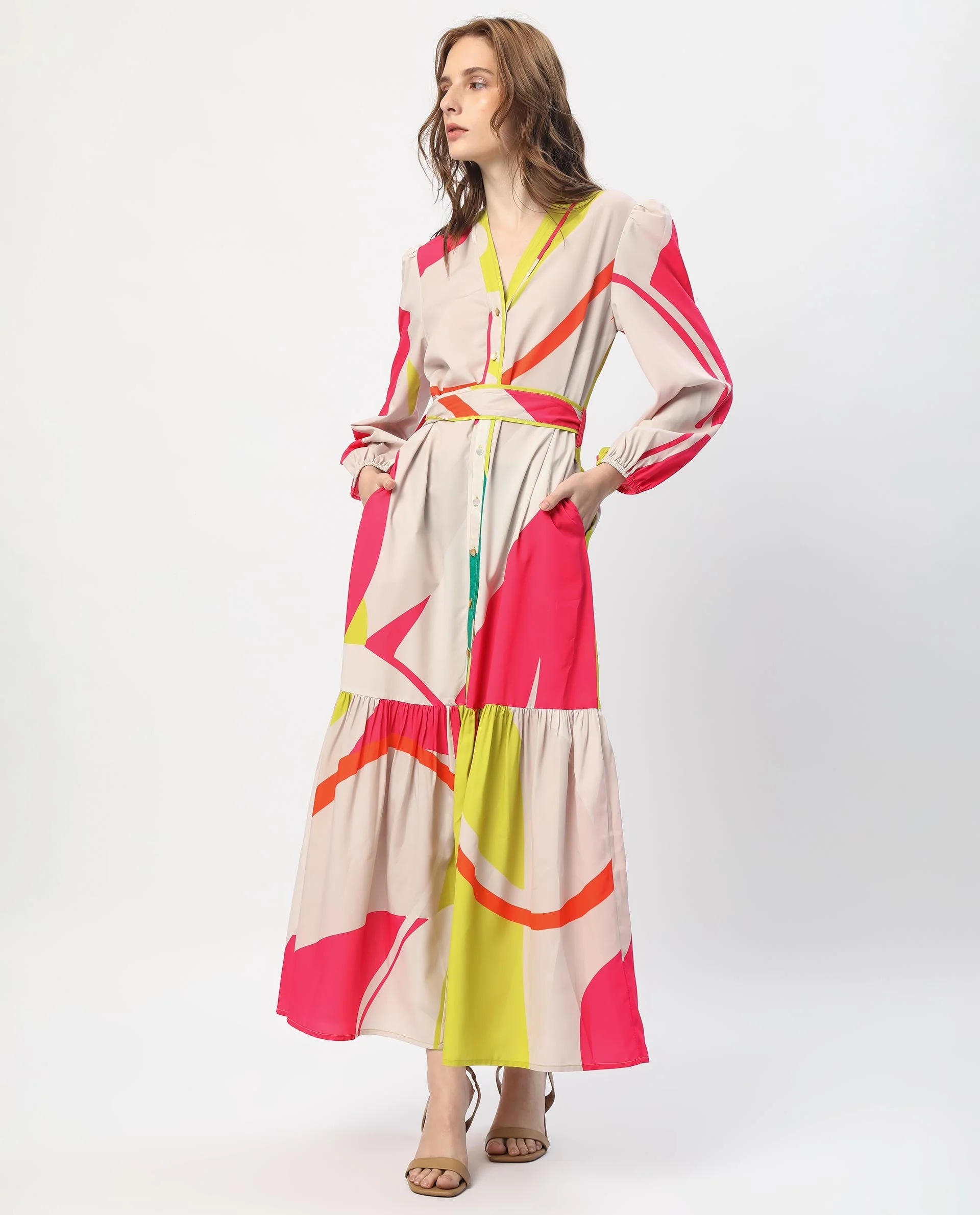 Rareism Women's Gini Light Beige Polyester V-Neck Abstract Print Balloon Sleeve Maxi Regular Fit Dress - Image 10