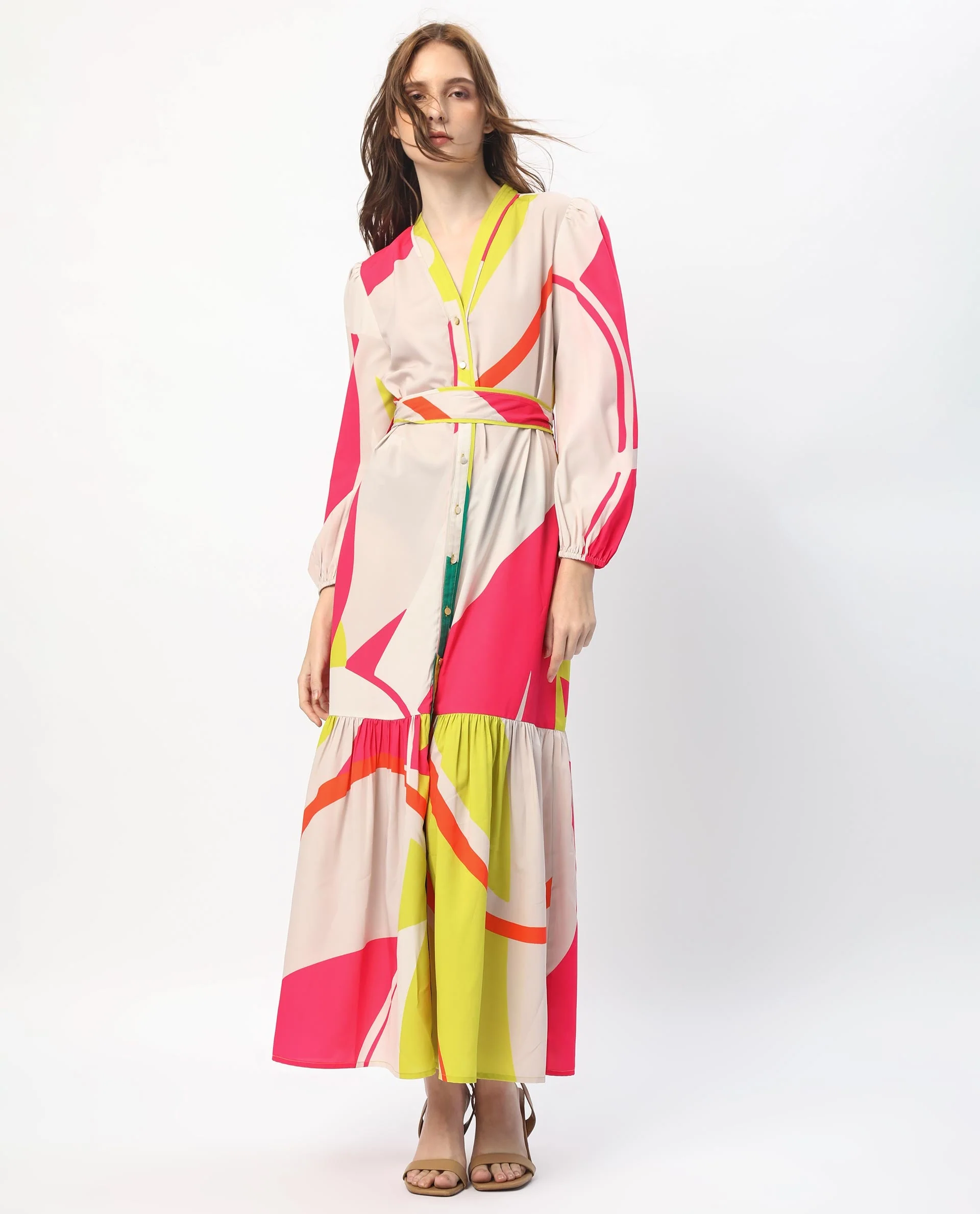 Rareism Women's Gini Light Beige Polyester V-Neck Abstract Print Balloon Sleeve Maxi Regular Fit Dress - Image 11