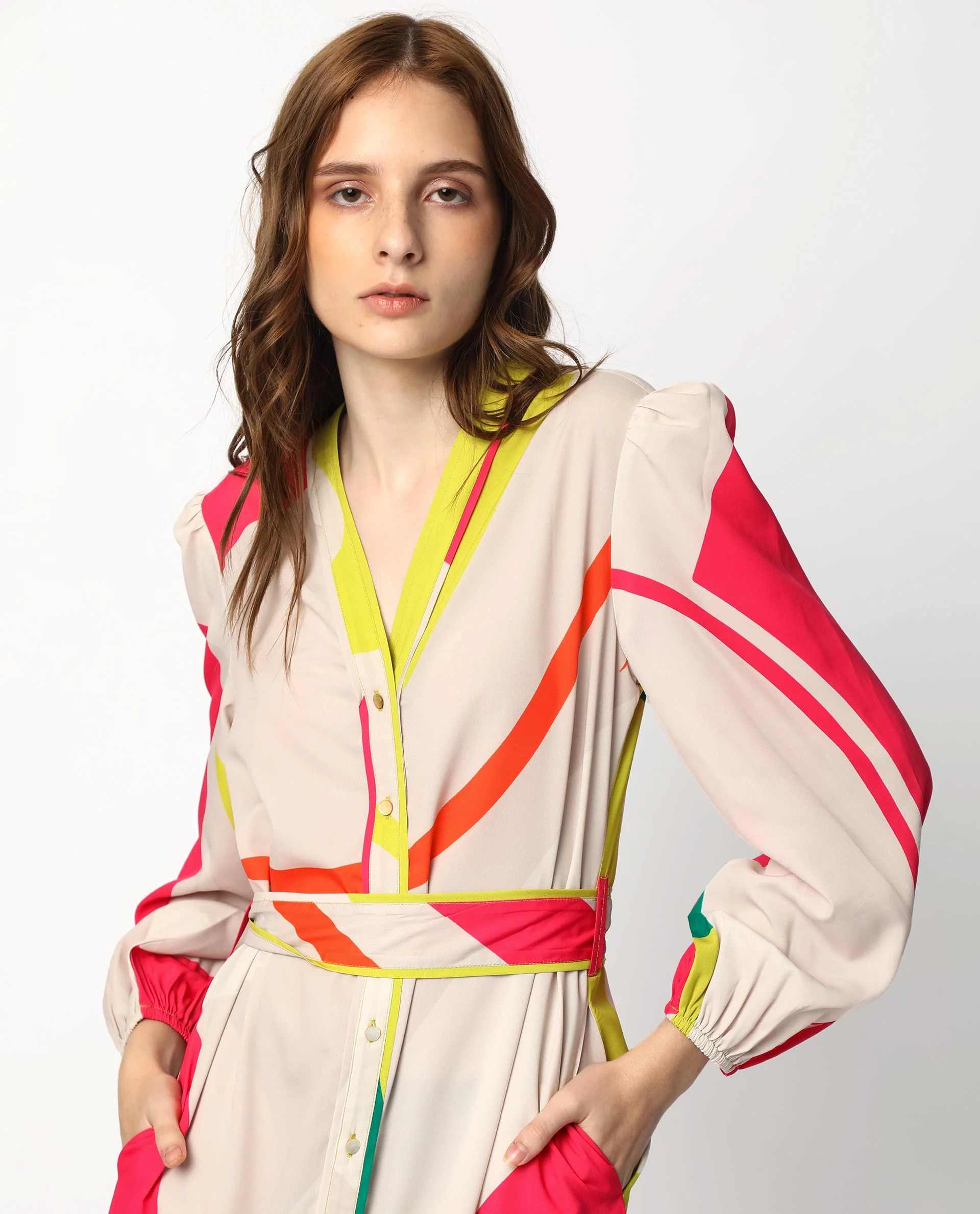 Rareism Women's Gini Light Beige Polyester V-Neck Abstract Print Balloon Sleeve Maxi Regular Fit Dress - Image 12