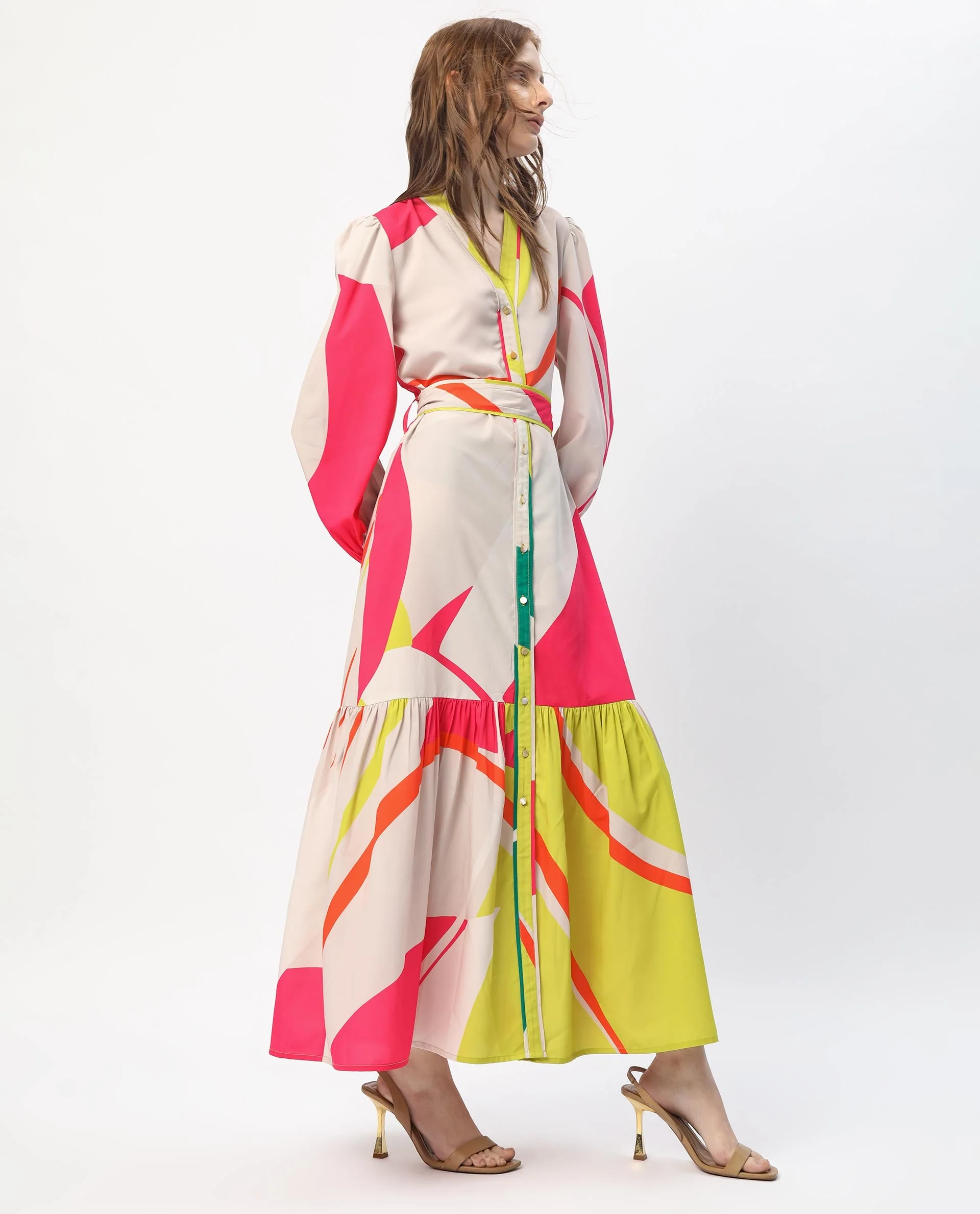 Rareism Women's Gini Light Beige Polyester V-Neck Abstract Print Balloon Sleeve Maxi Regular Fit Dress - Image 13