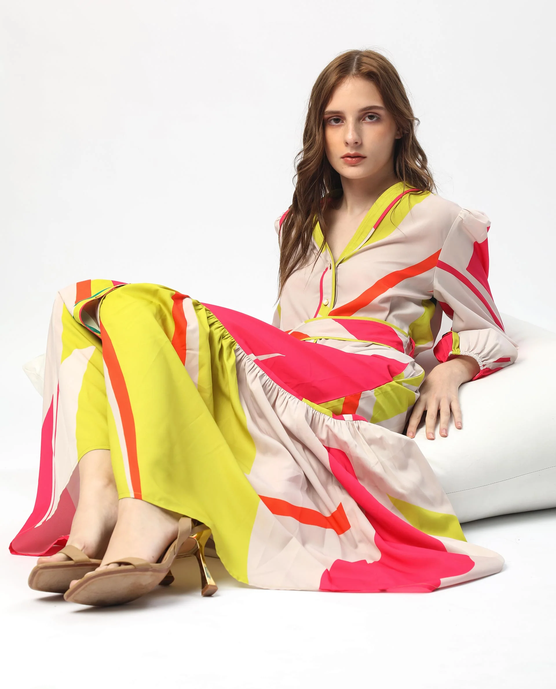 Rareism Women's Gini Light Beige Polyester V-Neck Abstract Print Balloon Sleeve Maxi Regular Fit Dress - Image 14