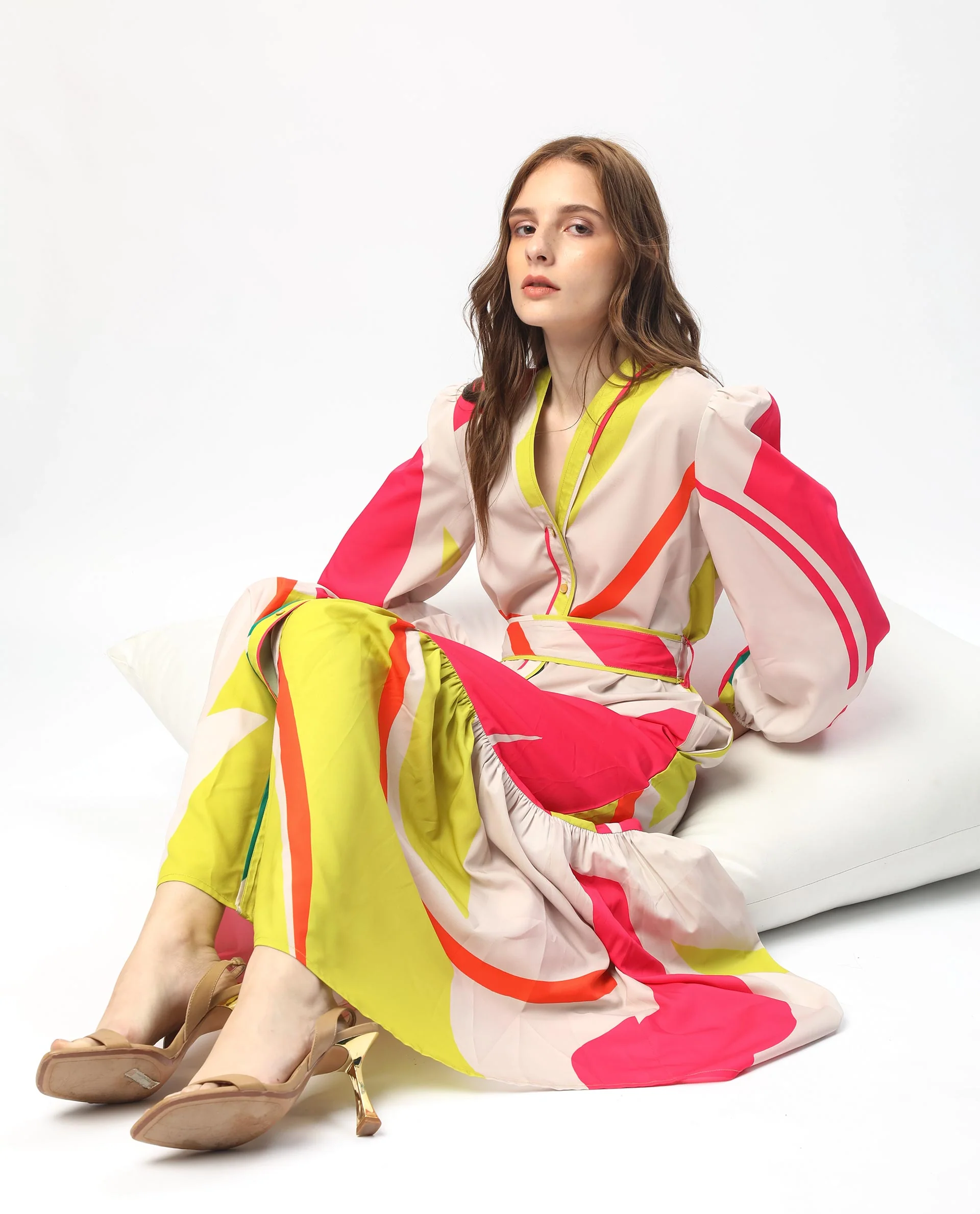 Rareism Women's Gini Light Beige Polyester V-Neck Abstract Print Balloon Sleeve Maxi Regular Fit Dress - Image 15
