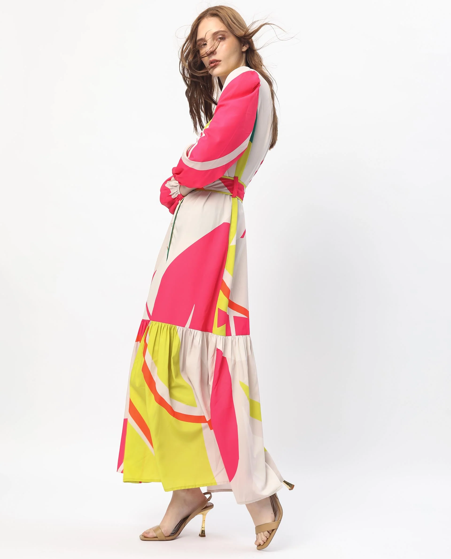 Rareism Women's Gini Light Beige Polyester V-Neck Abstract Print Balloon Sleeve Maxi Regular Fit Dress - Image 3