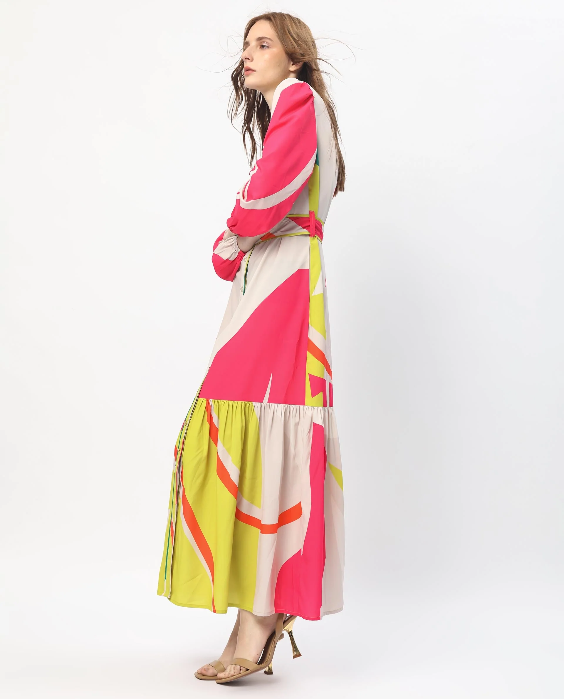 Rareism Women's Gini Light Beige Polyester V-Neck Abstract Print Balloon Sleeve Maxi Regular Fit Dress - Image 4