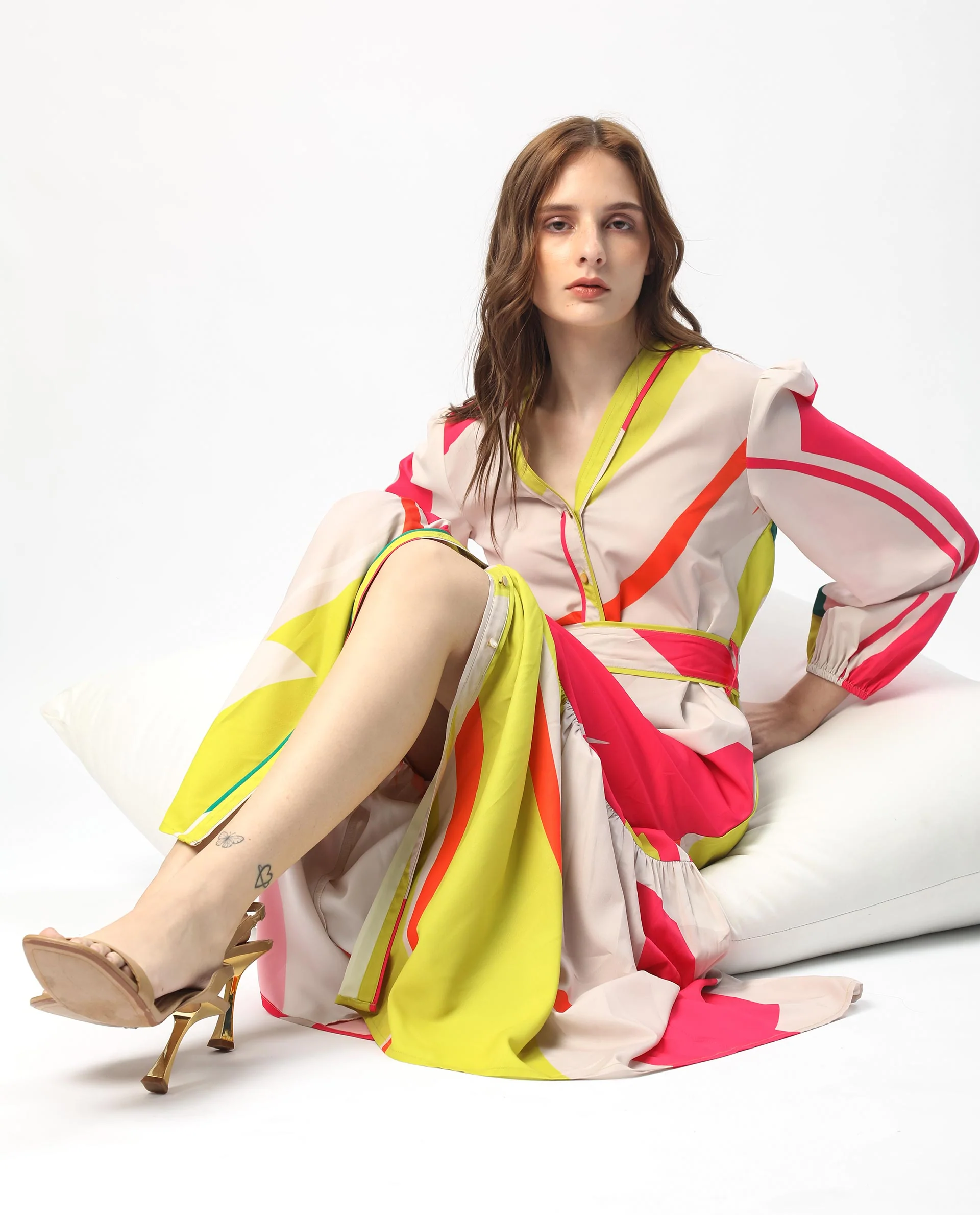 Rareism Women's Gini Light Beige Polyester V-Neck Abstract Print Balloon Sleeve Maxi Regular Fit Dress - Image 5