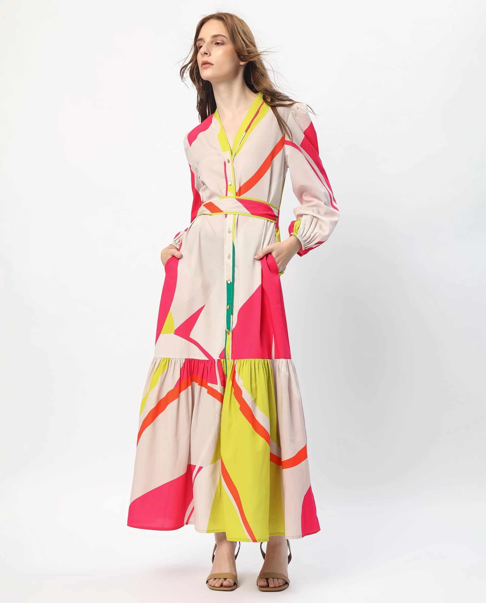 Rareism Women's Gini Light Beige Polyester V-Neck Abstract Print Balloon Sleeve Maxi Regular Fit Dress - Image 6