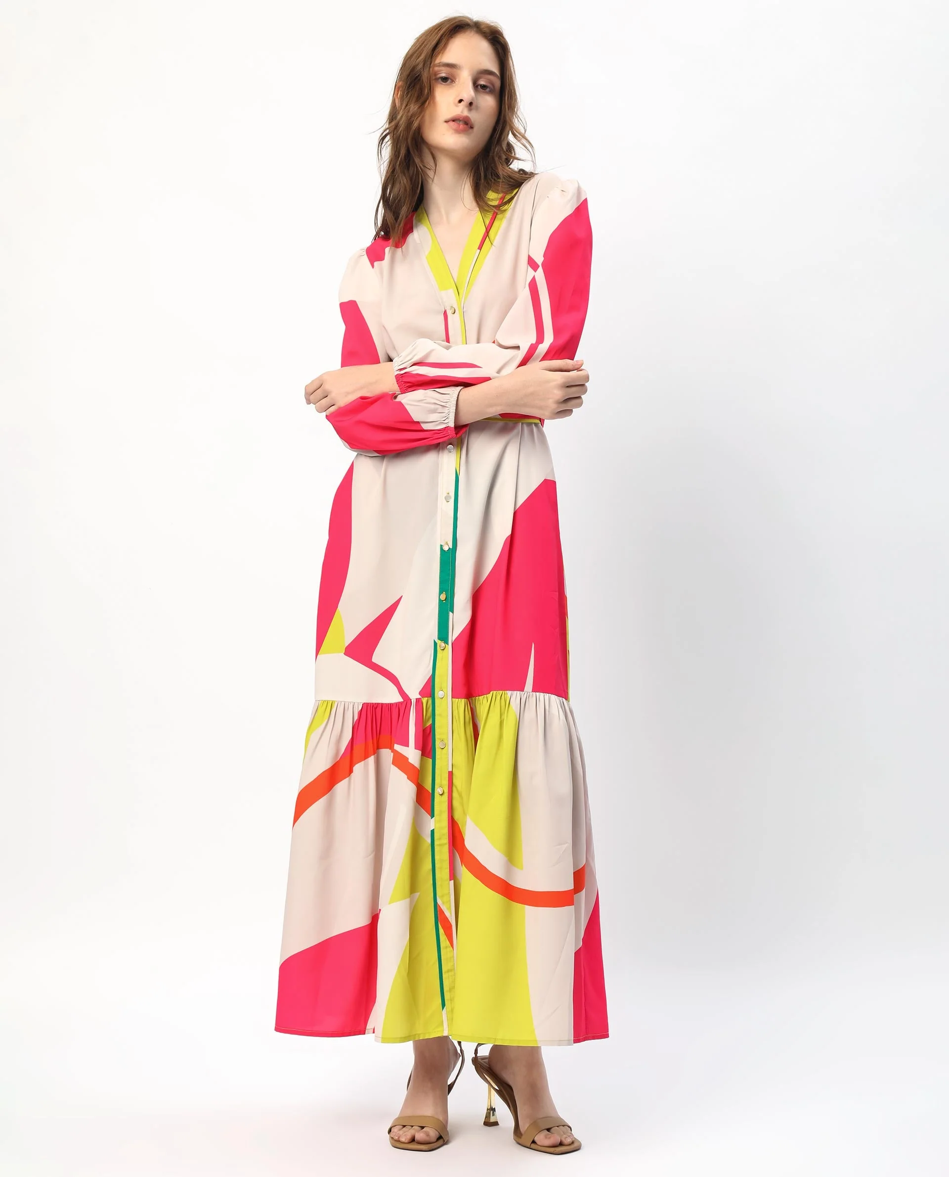 Rareism Women's Gini Light Beige Polyester V-Neck Abstract Print Balloon Sleeve Maxi Regular Fit Dress - Image 7
