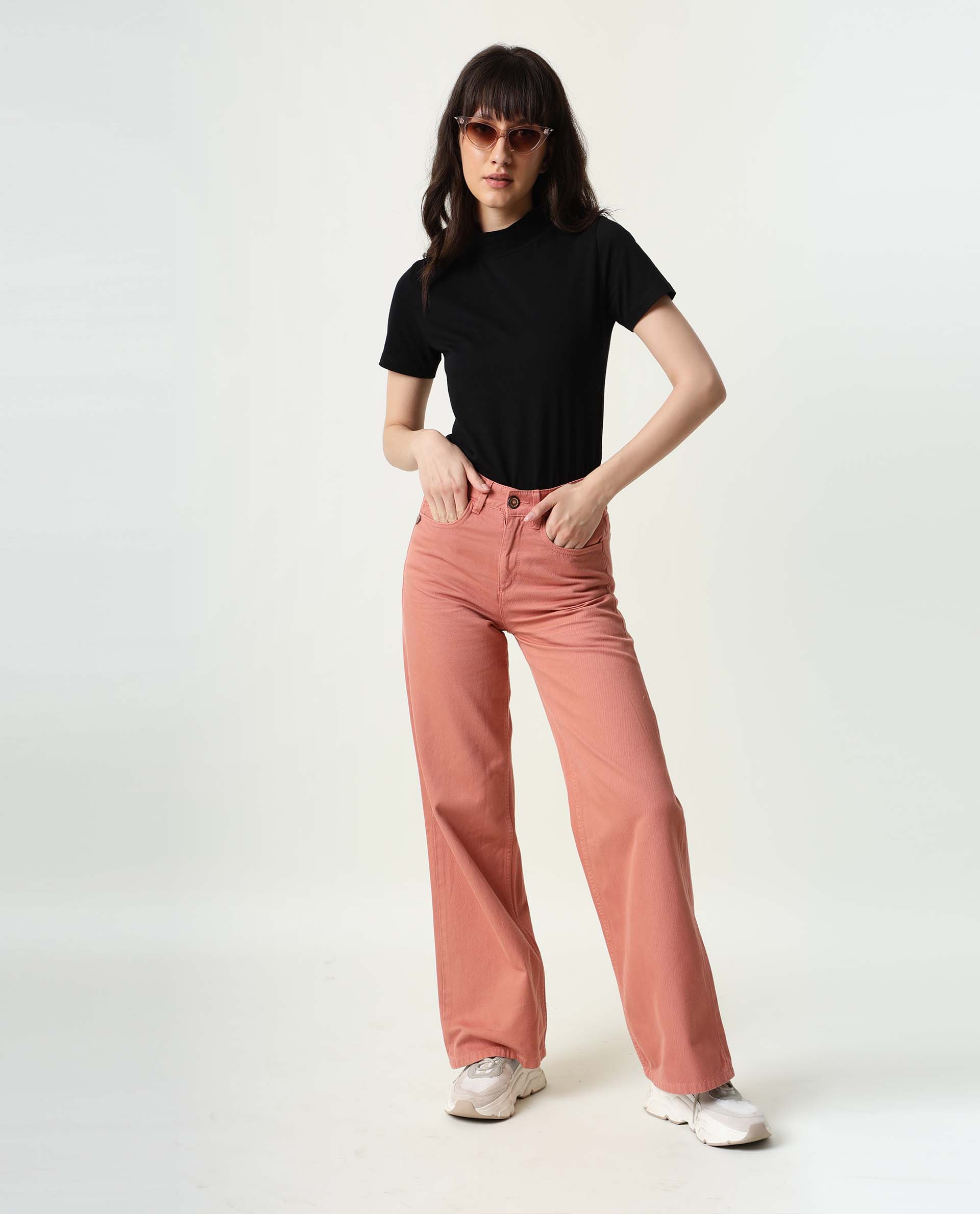 Rareism Women's Ginno Peach Cotton Plain Ankle Length Regular Fit Trouser