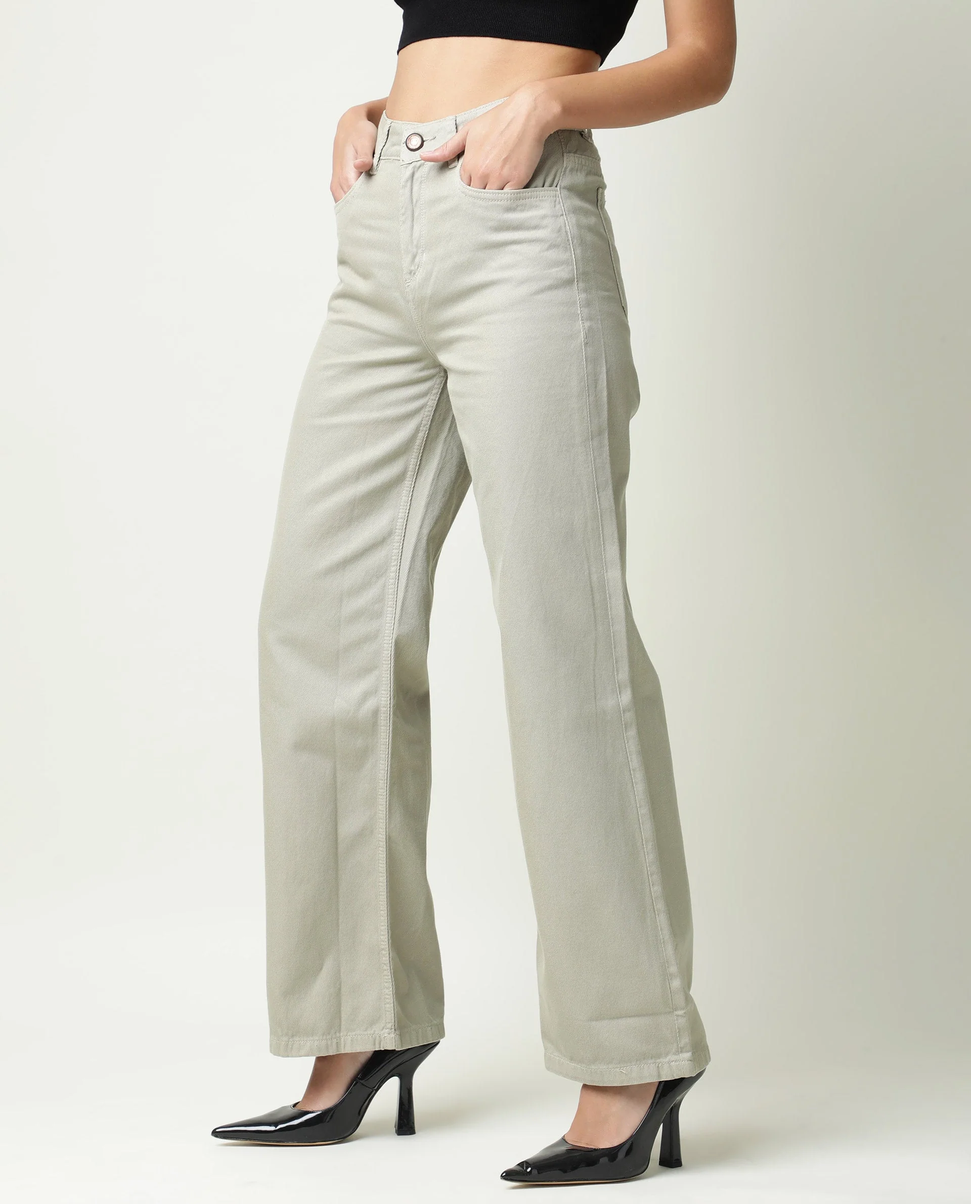 Rareism Womens Ginno Green Trouser Cotton Fabric Regular Fit Button Closure High Rise Waist Rise Ankle Length - Image 2