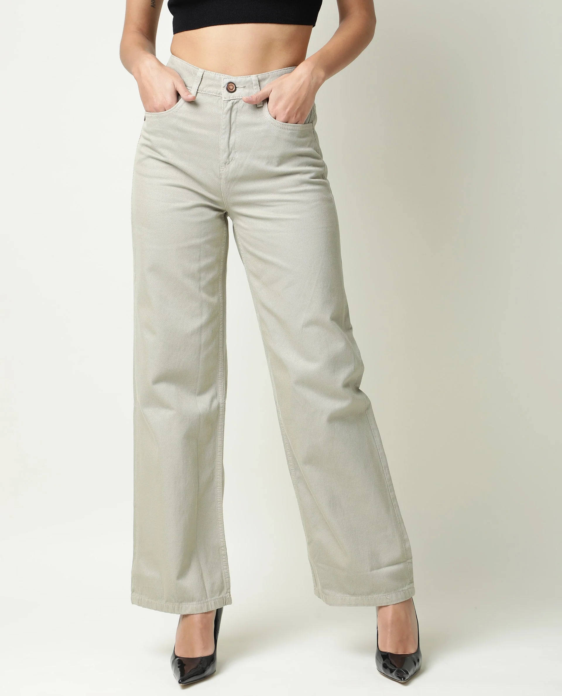 Rareism Womens Ginno Green Trouser Cotton Fabric Regular Fit Button Closure High Rise Waist Rise Ankle Length - Image 3