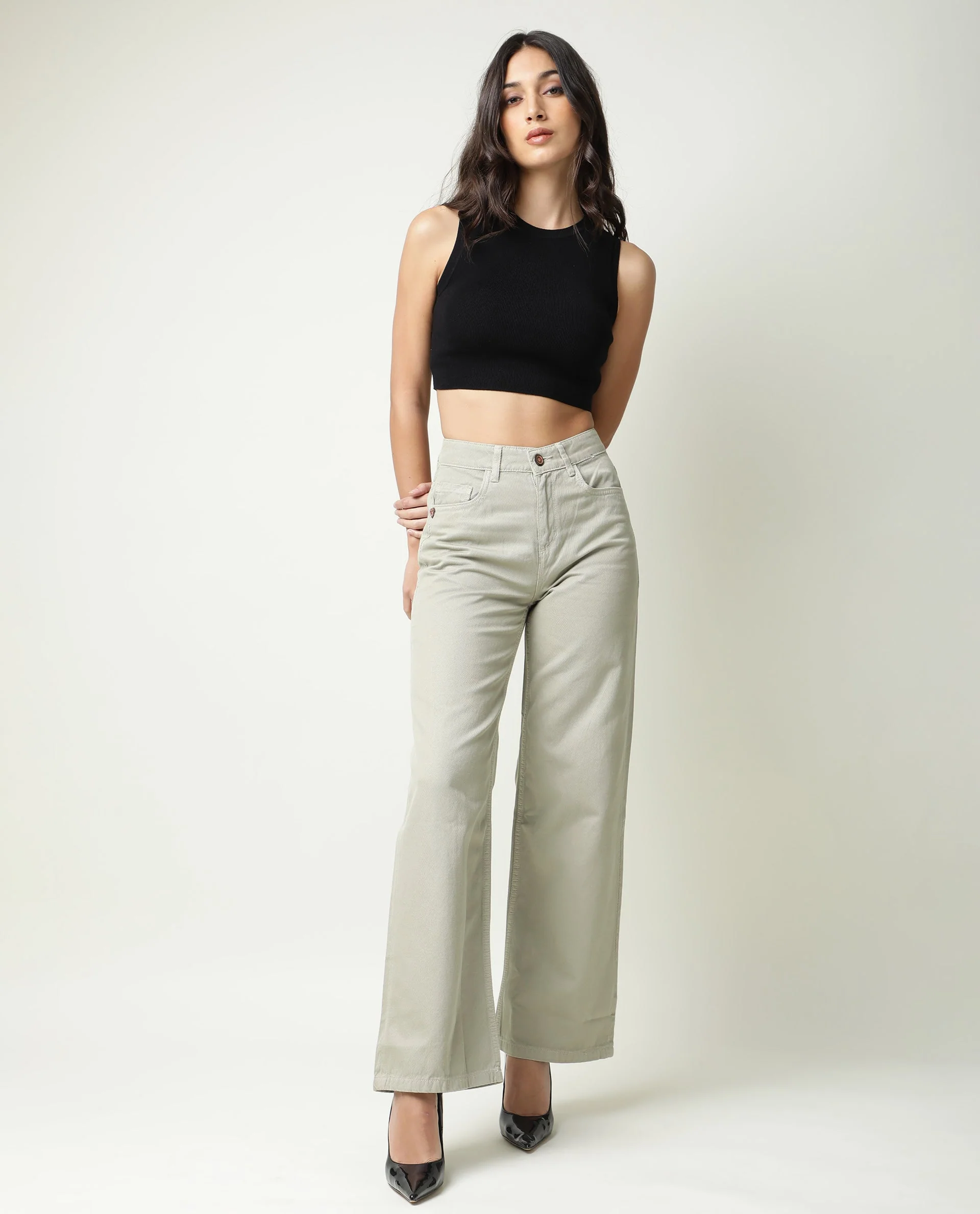 Rareism Womens Ginno Green Trouser Cotton Fabric Regular Fit Button Closure High Rise Waist Rise Ankle Length - Image 4