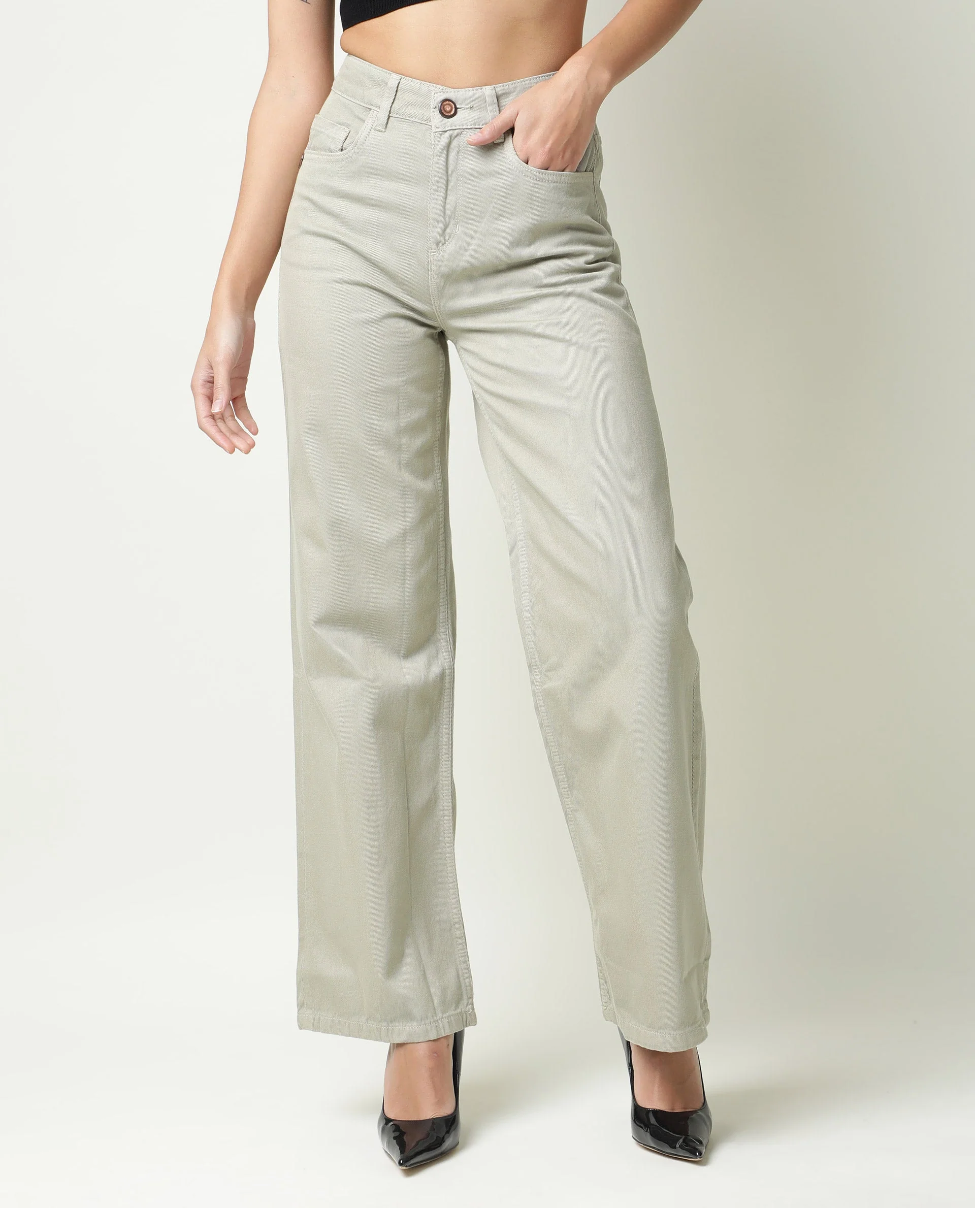Rareism Womens Ginno Green Trouser Cotton Fabric Regular Fit Button Closure High Rise Waist Rise Ankle Length - Image 9