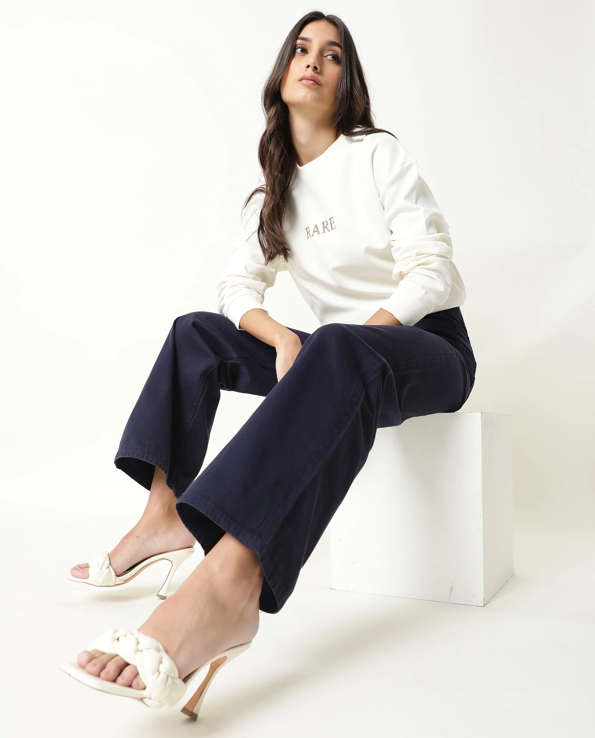 Rareism Womens Ginno Navy Trouser Cotton Fabric Wide Leg Button Closure High Rise Waist Rise Ankle Length