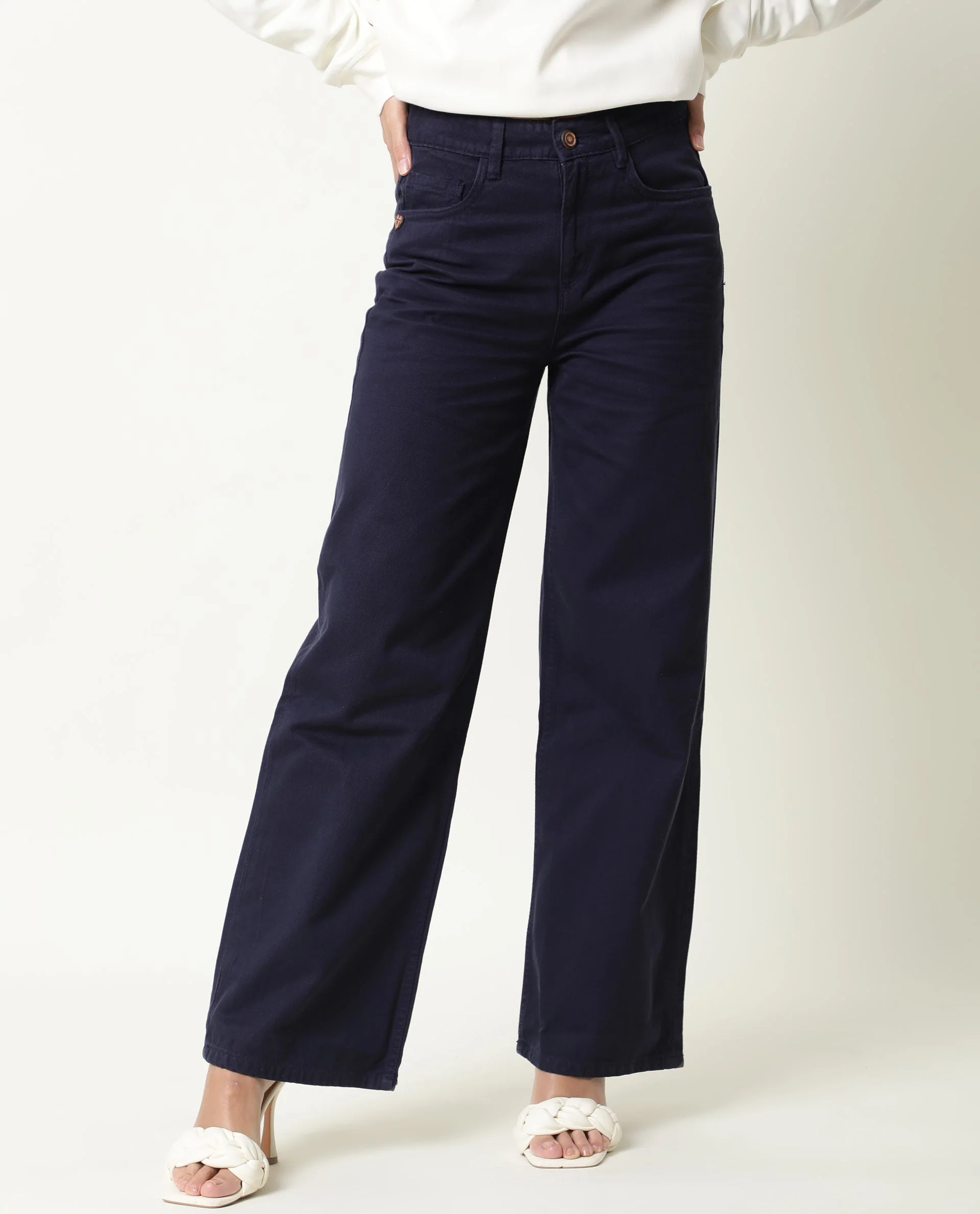Rareism Womens Ginno Navy Trouser Cotton Fabric Wide Leg Button Closure High Rise Waist Rise Ankle Length - Image 2
