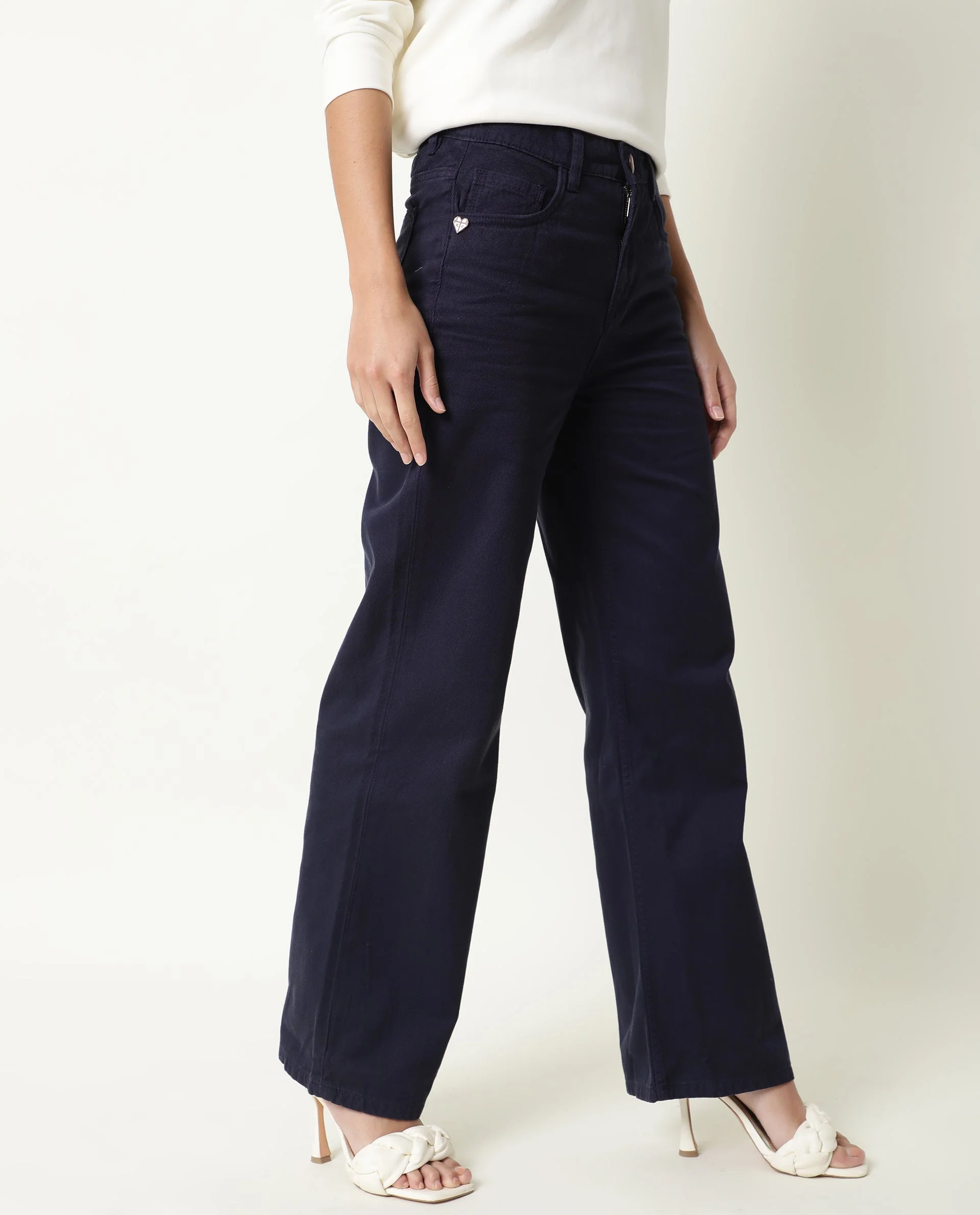 Rareism Womens Ginno Navy Trouser Cotton Fabric Wide Leg Button Closure High Rise Waist Rise Ankle Length - Image 4