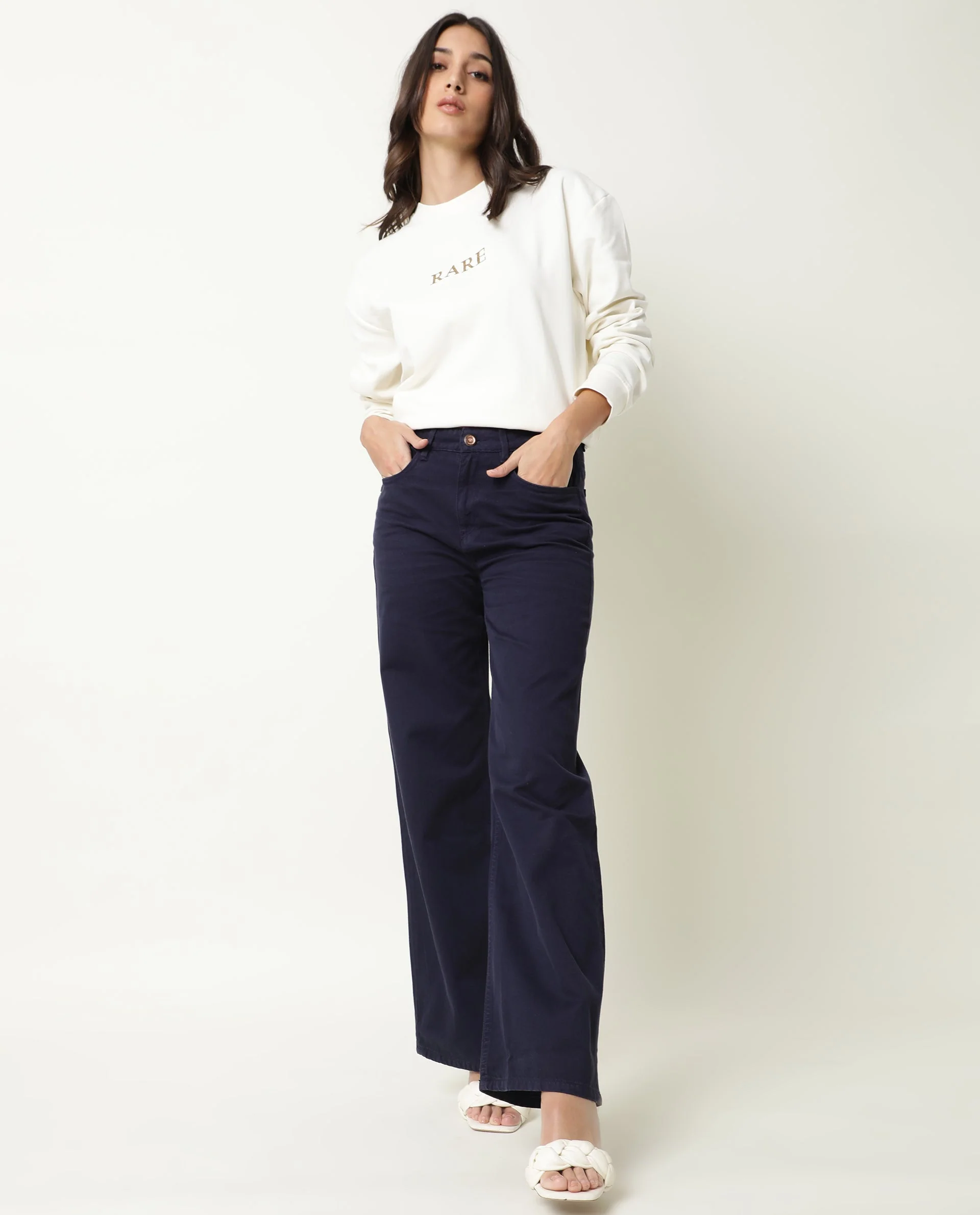 Rareism Womens Ginno Navy Trouser Cotton Fabric Wide Leg Button Closure High Rise Waist Rise Ankle Length - Image 5