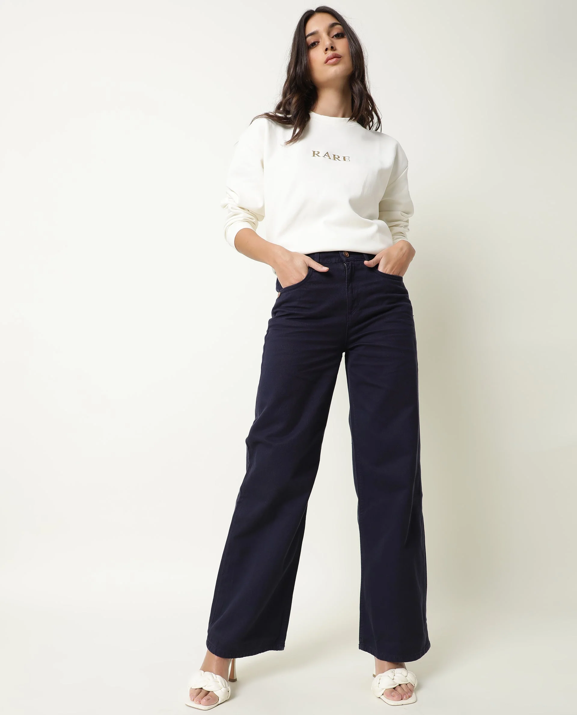 Rareism Womens Ginno Navy Trouser Cotton Fabric Wide Leg Button Closure High Rise Waist Rise Ankle Length - Image 6