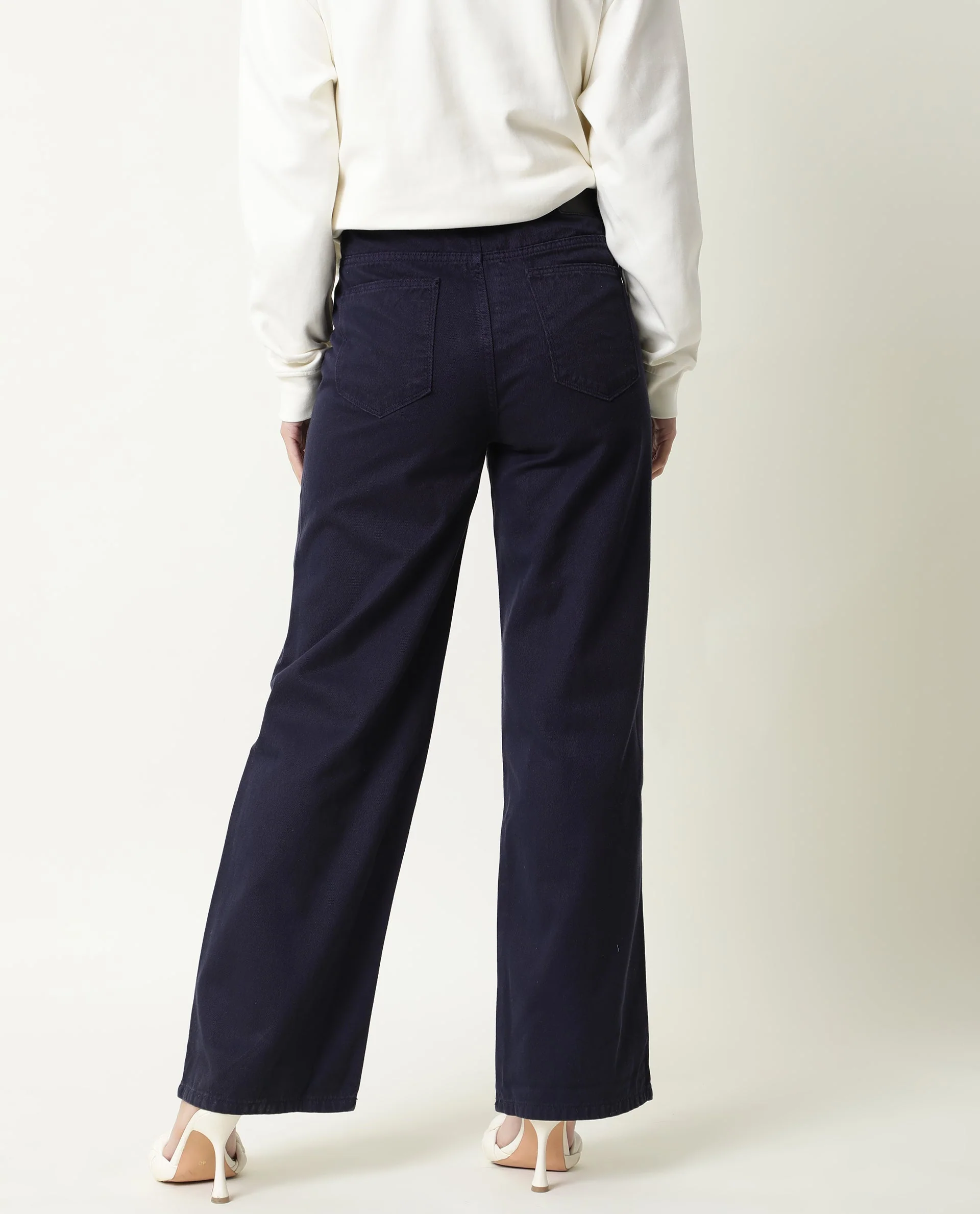 Rareism Womens Ginno Navy Trouser Cotton Fabric Wide Leg Button Closure High Rise Waist Rise Ankle Length - Image 7