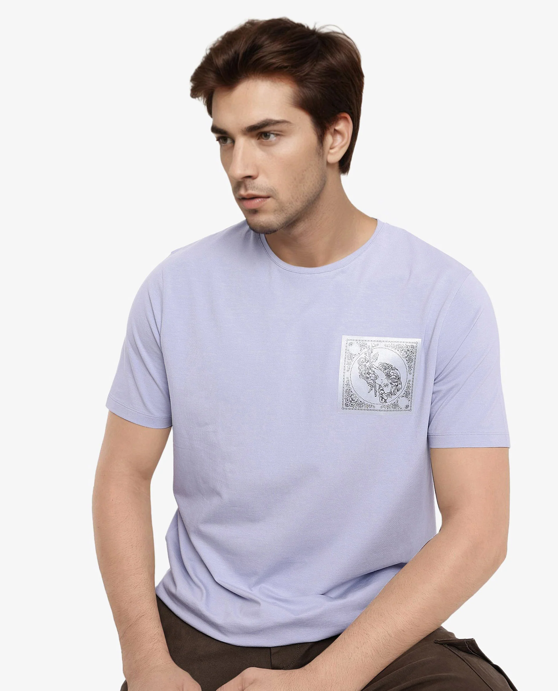 Rare Rabbit Men's Gino Blue Cotton Graphic Print Regular Fit Half Sleeve Crew Neck T-Shirt - Image 4