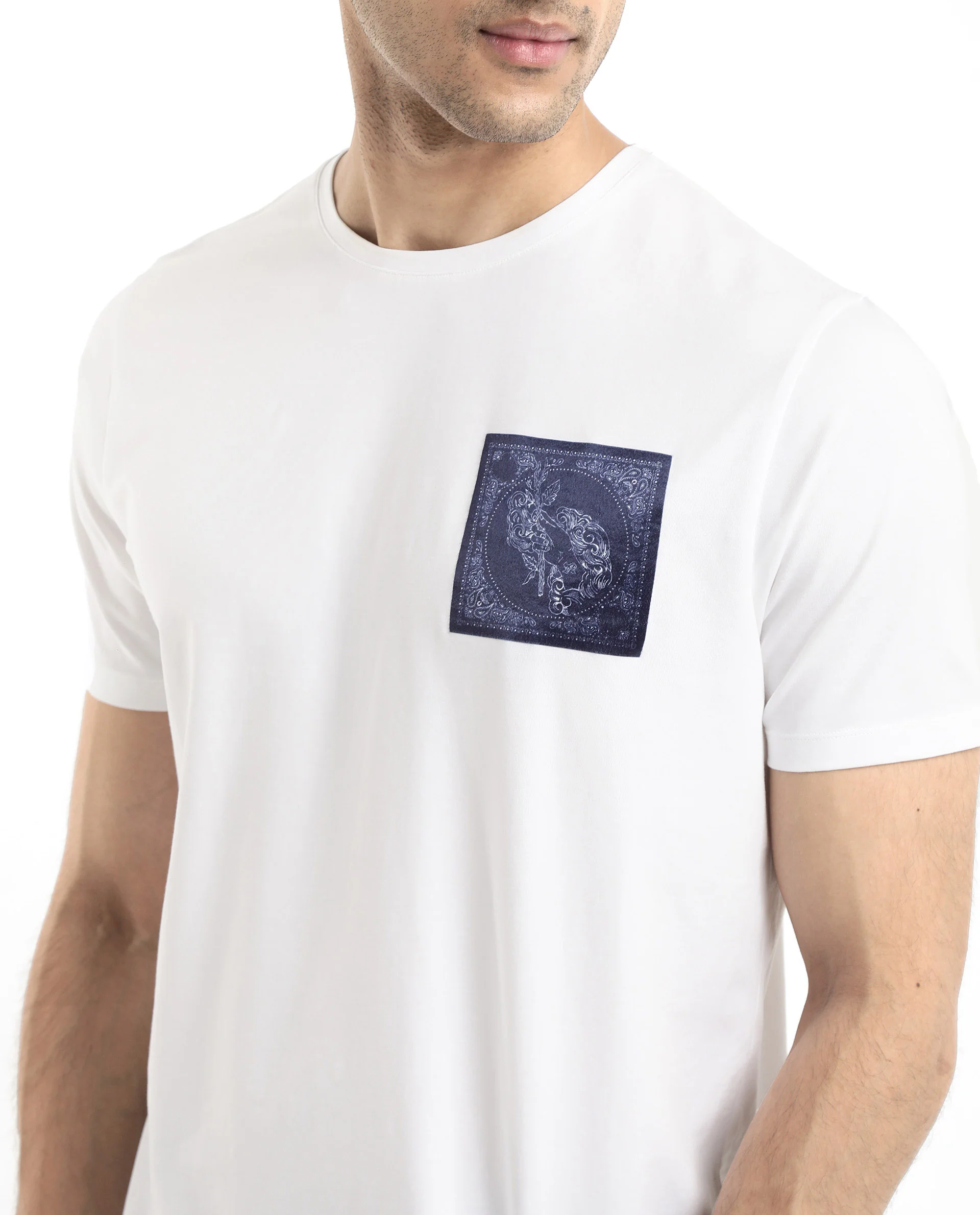 Rare Rabbit Men's Gino White Cotton Graphic Print Regular Fit Half Sleeve Crew Neck T-Shirt - Image 3