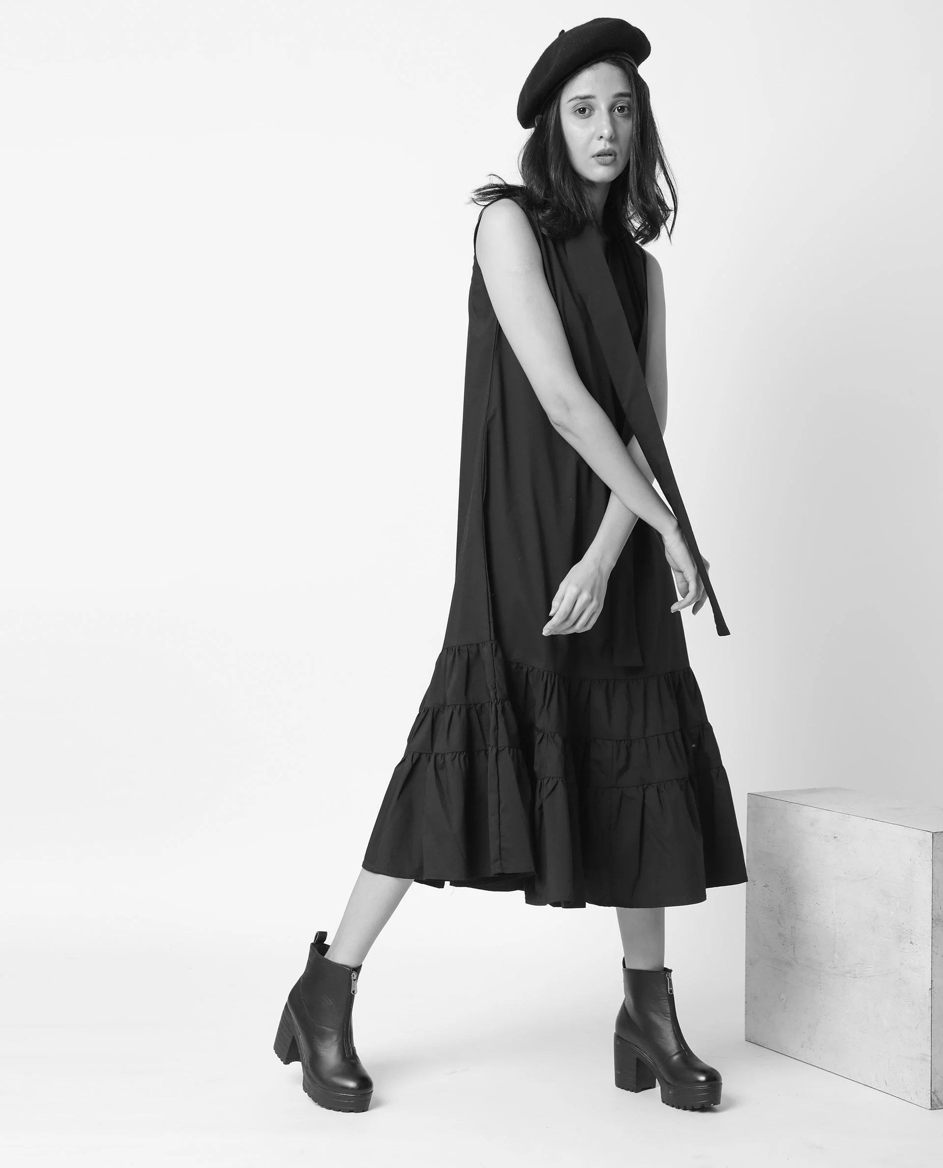 Rareism Women's Gino Black Polyester Blend Tie-Up Neck Plain Sleeveless Knee Length Regular Fit Dress - Image 11