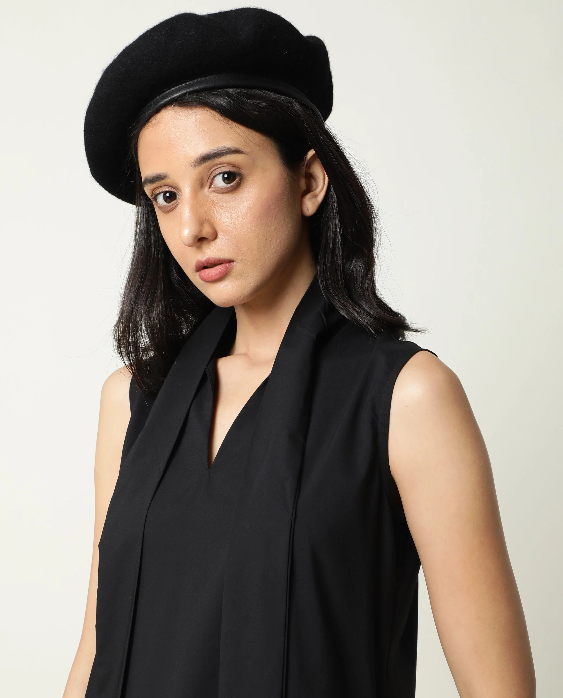 Rareism Women's Gino Black Polyester Blend Tie-Up Neck Plain Sleeveless Knee Length Regular Fit Dress - Image 12