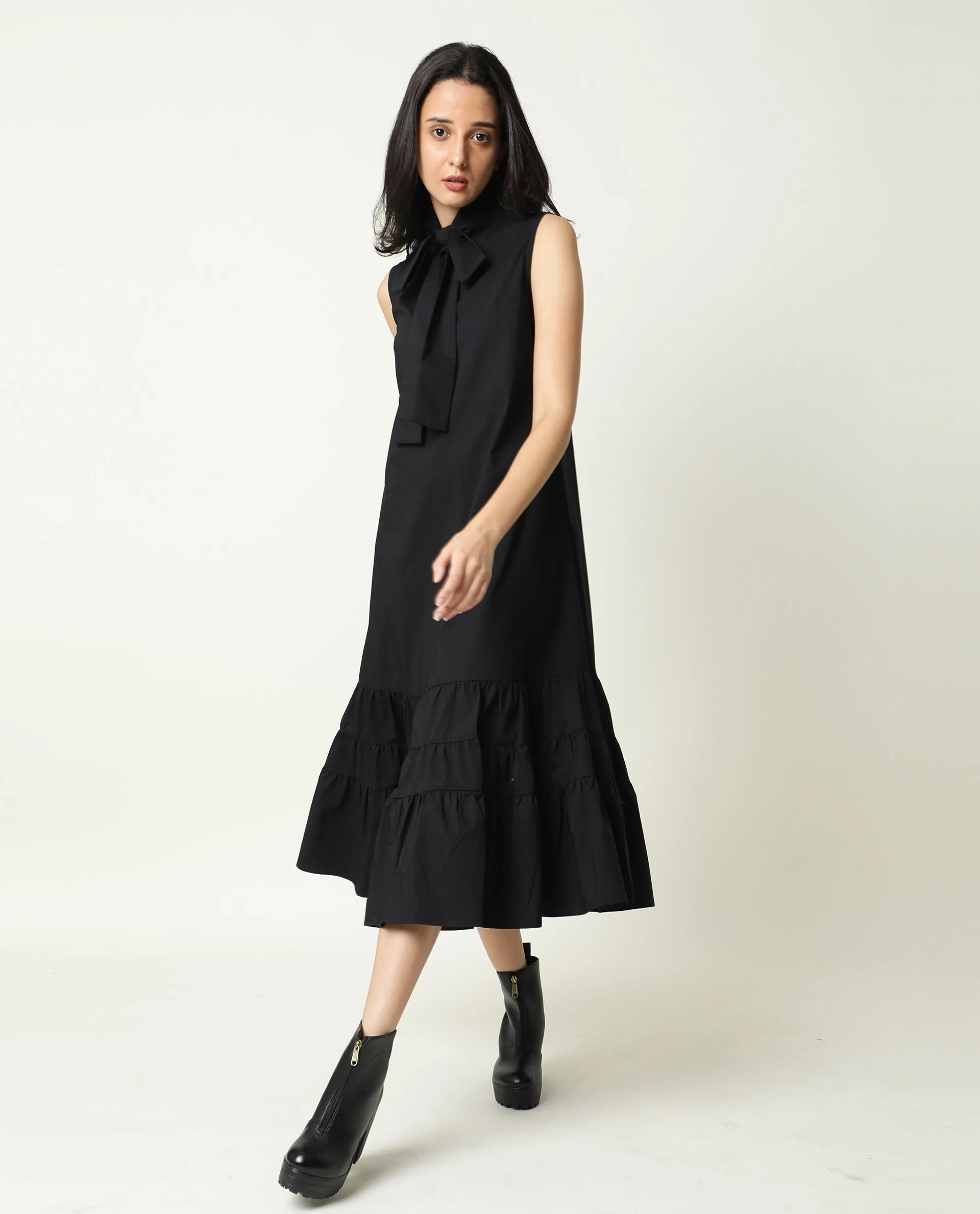 Rareism Women's Gino Black Polyester Blend Tie-Up Neck Plain Sleeveless Knee Length Regular Fit Dress - Image 4