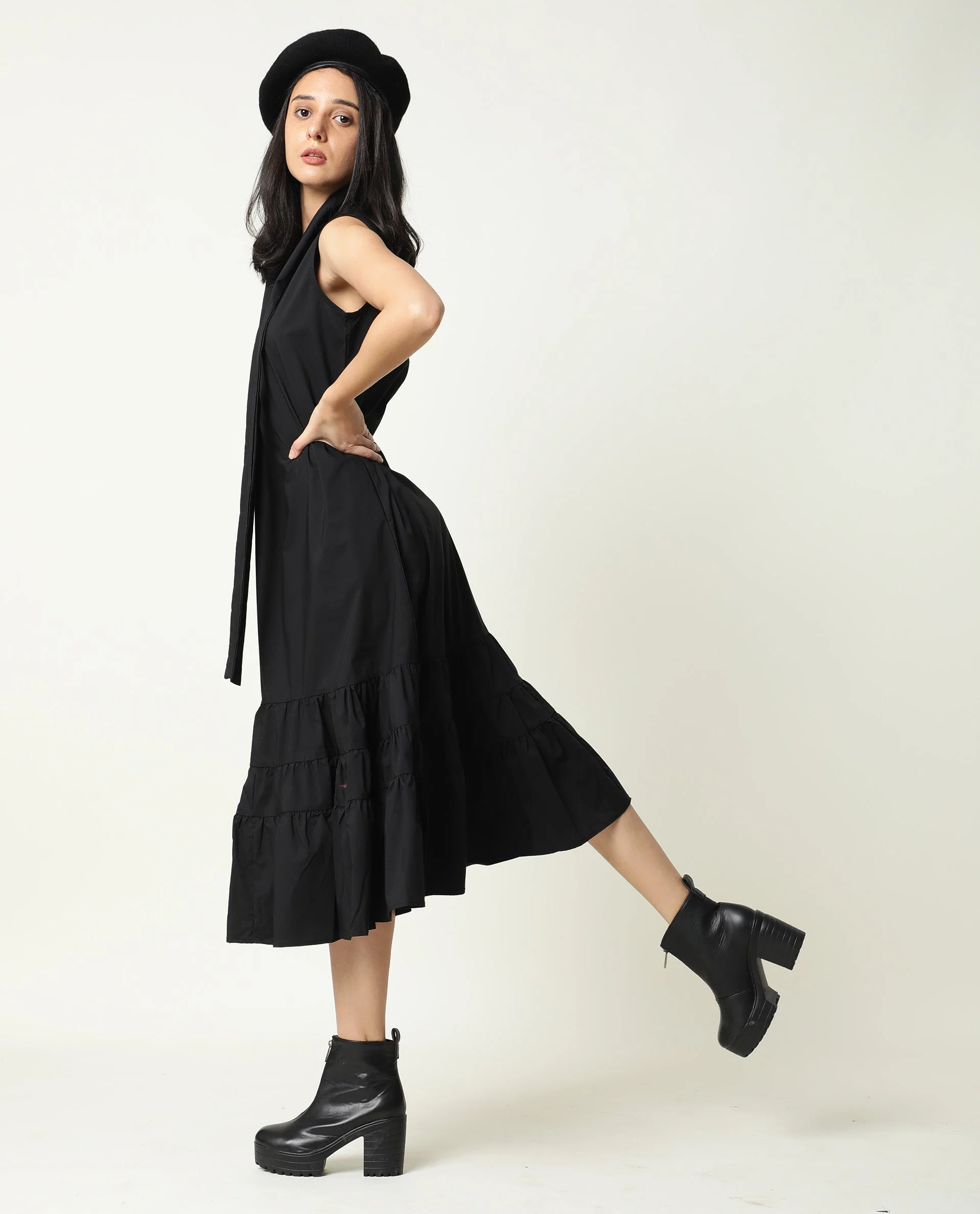 Rareism Women's Gino Black Polyester Blend Tie-Up Neck Plain Sleeveless Knee Length Regular Fit Dress - Image 5