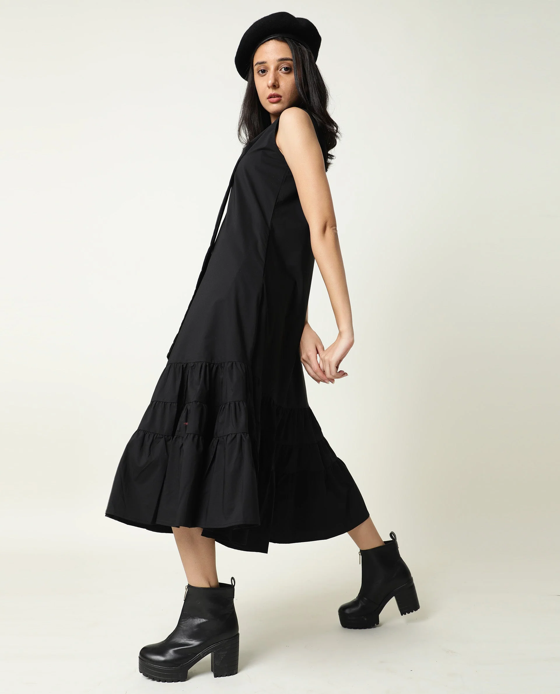 Rareism Women's Gino Black Polyester Blend Tie-Up Neck Plain Sleeveless Knee Length Regular Fit Dress - Image 6