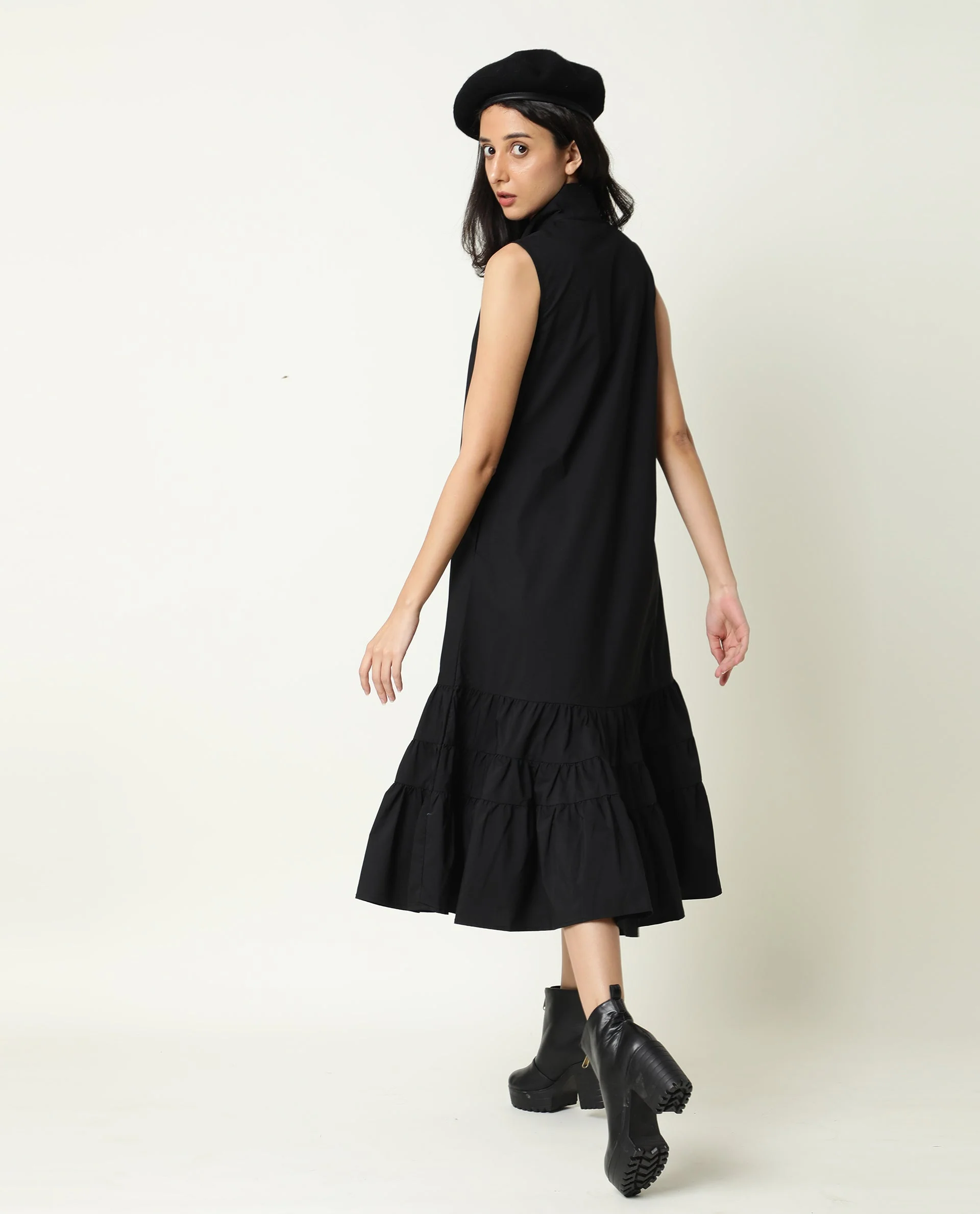 Rareism Women's Gino Black Polyester Blend Tie-Up Neck Plain Sleeveless Knee Length Regular Fit Dress - Image 7