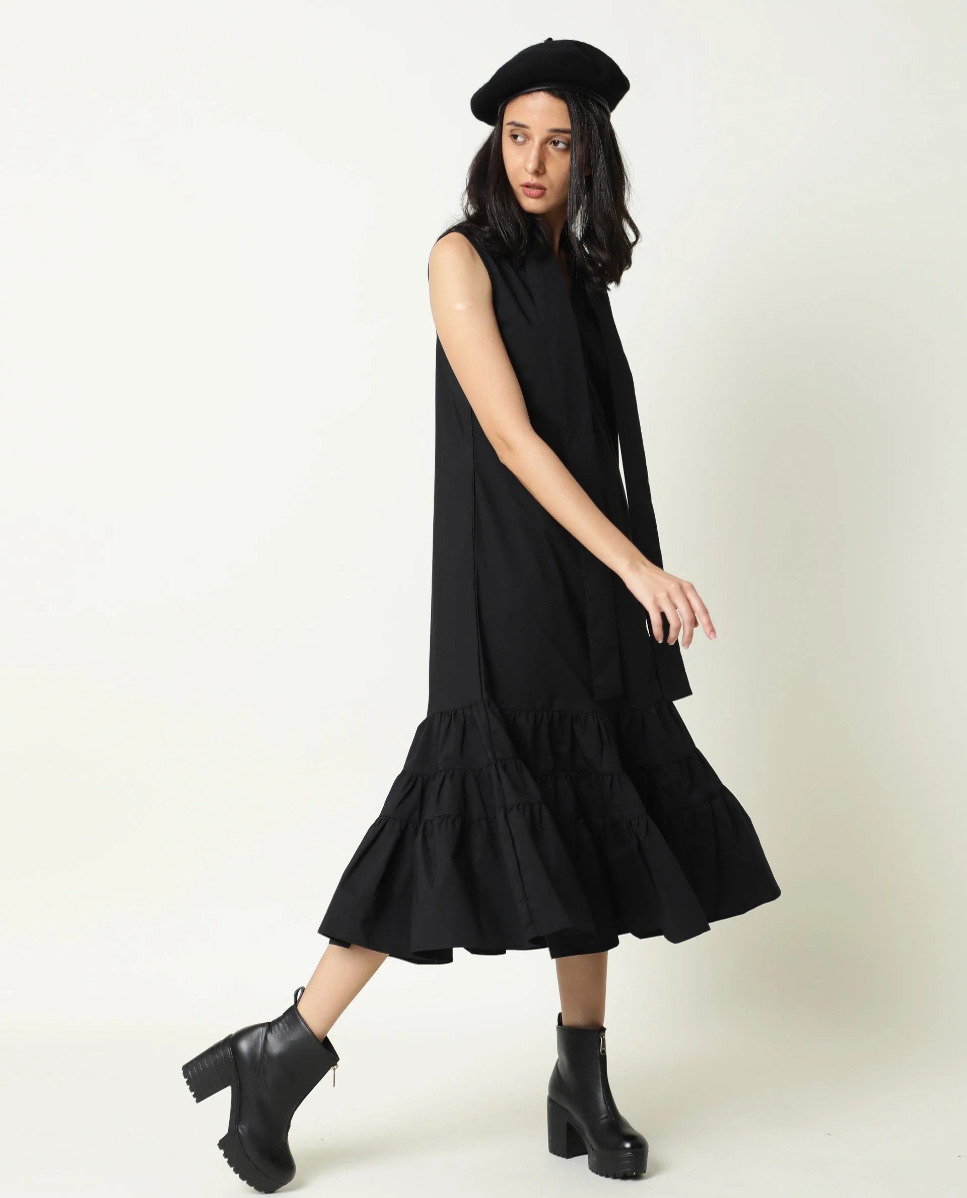 Rareism Women's Gino Black Polyester Blend Tie-Up Neck Plain Sleeveless Knee Length Regular Fit Dress - Image 8