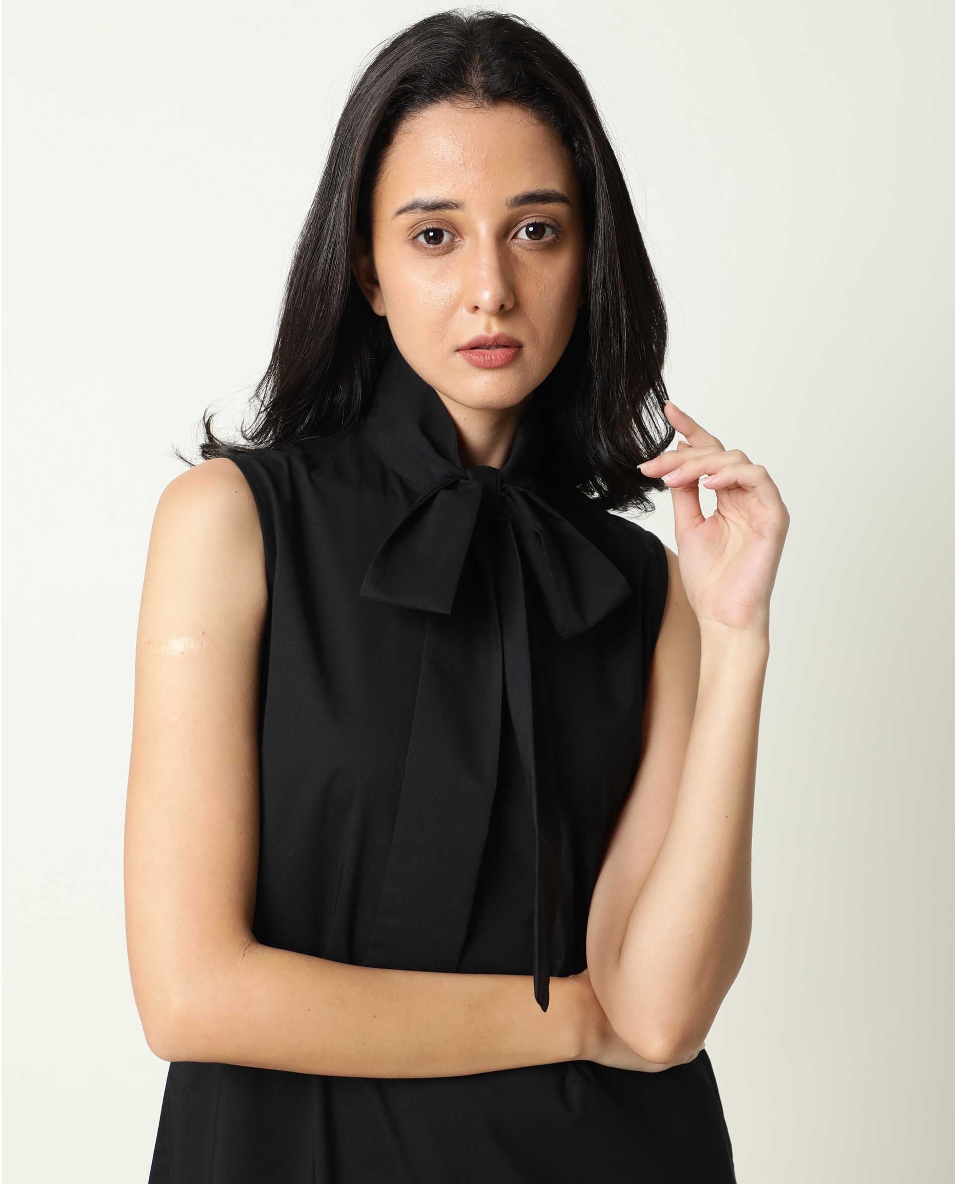 Rareism Women's Gino Black Polyester Blend Tie-Up Neck Plain Sleeveless Knee Length Regular Fit Dress - Image 9