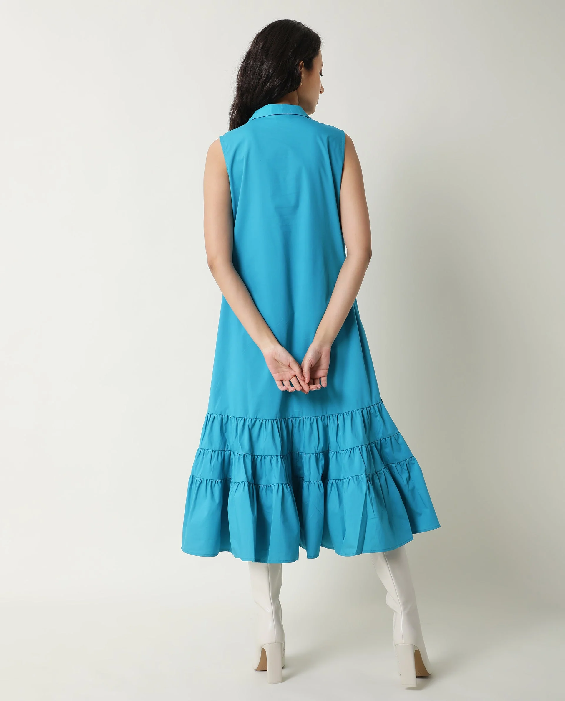 Rareism Women's Gino Blue Polyester Blend Tie-Up Neck Plain Sleeveless Knee Length Regular Fit Dress - Image 10